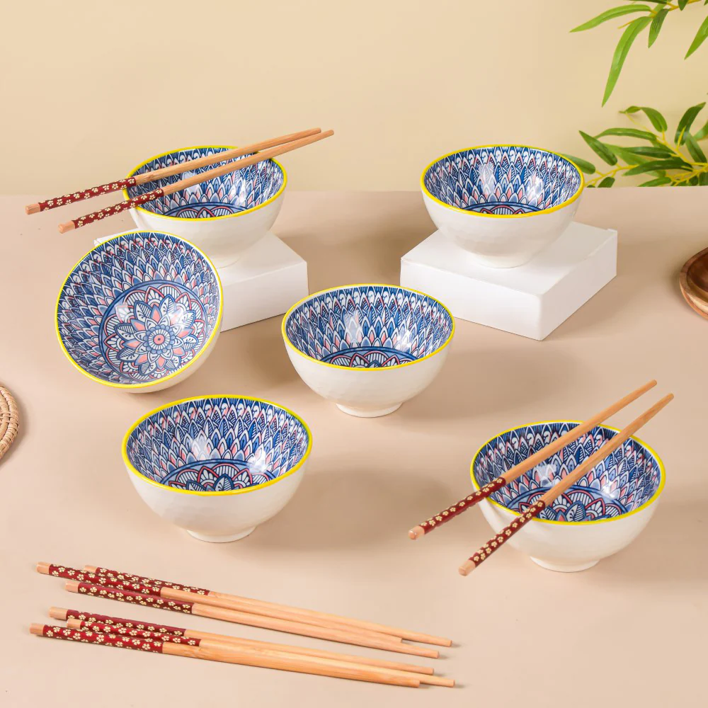 Mandala Ceramic Bowl And Chopstick Multicolour Set Of 6