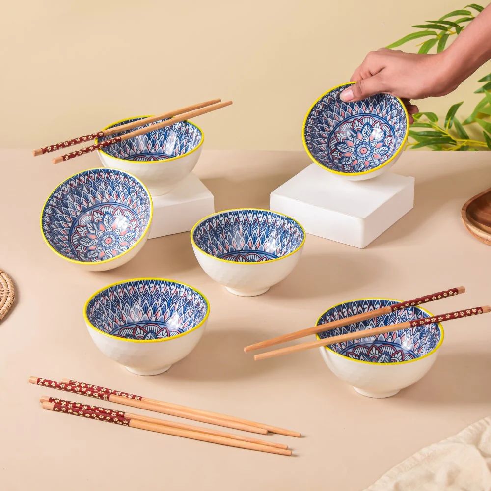 Mandala Ceramic Bowl And Chopstick Multicolour Set Of 6 - Image 2