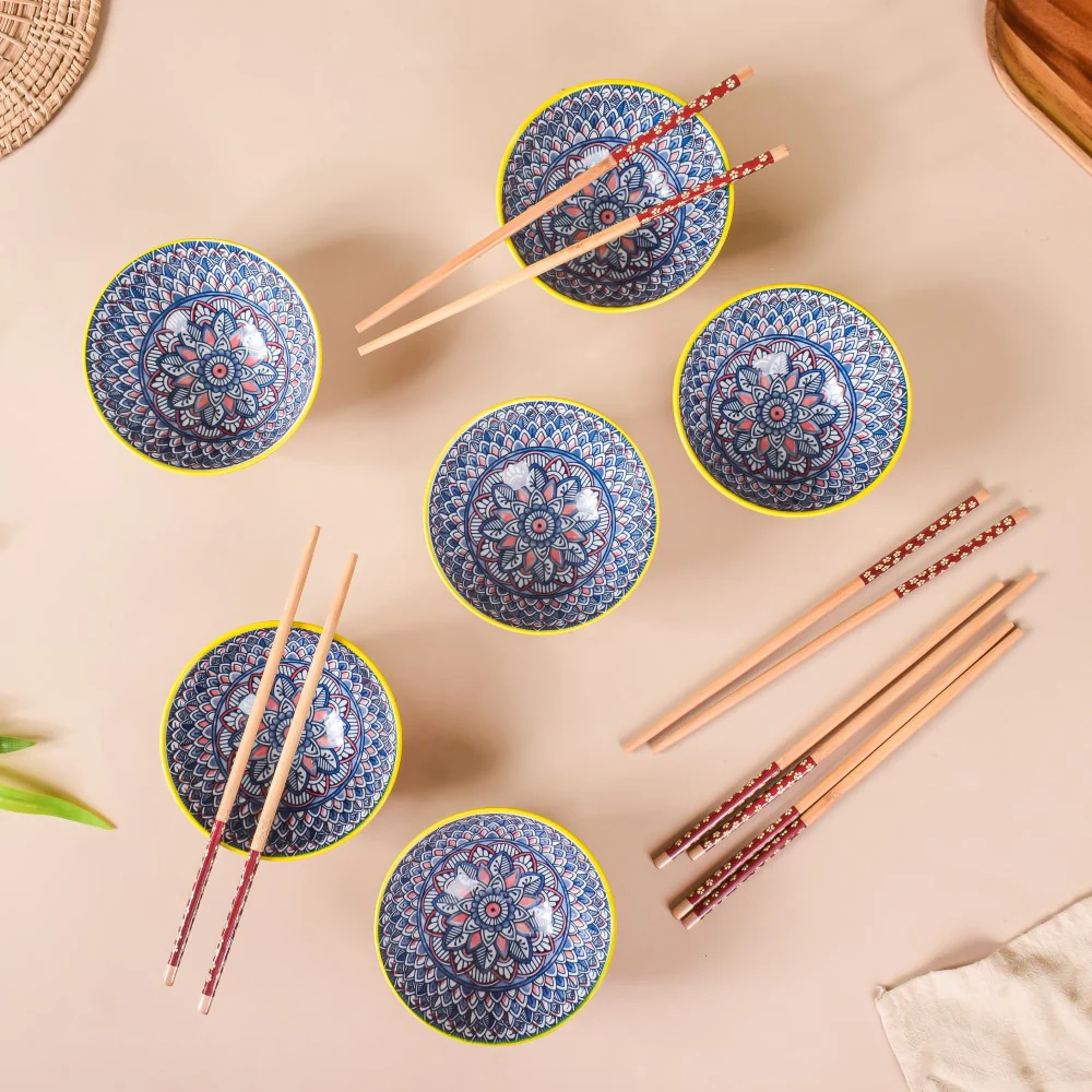 Mandala Ceramic Bowl And Chopstick Multicolour Set Of 6 - Image 3