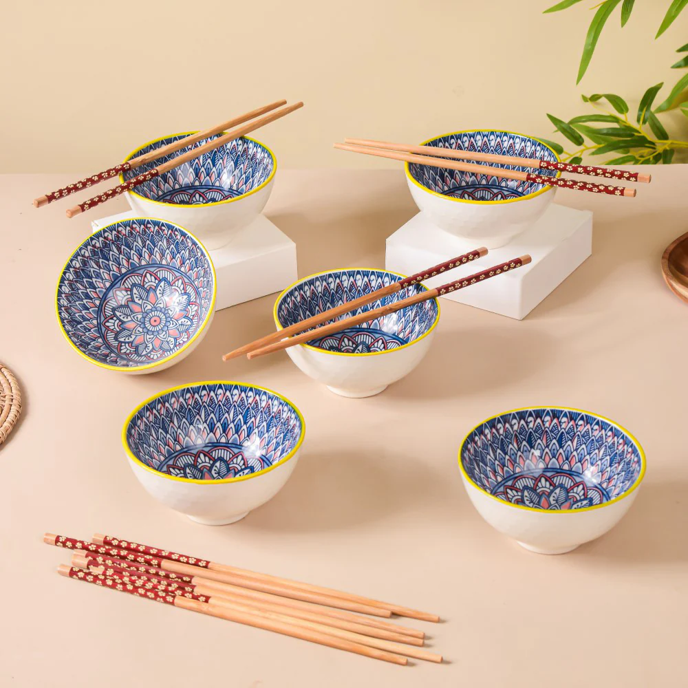 Mandala Ceramic Bowl And Chopstick Multicolour Set Of 6 - Image 5