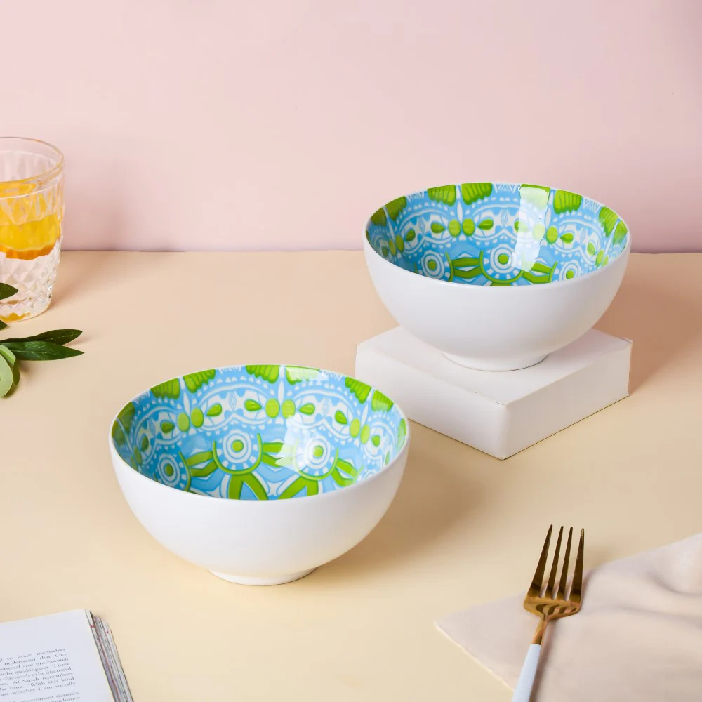 Mandala Ceramic Snack Bowl White 400ml Set Of 2