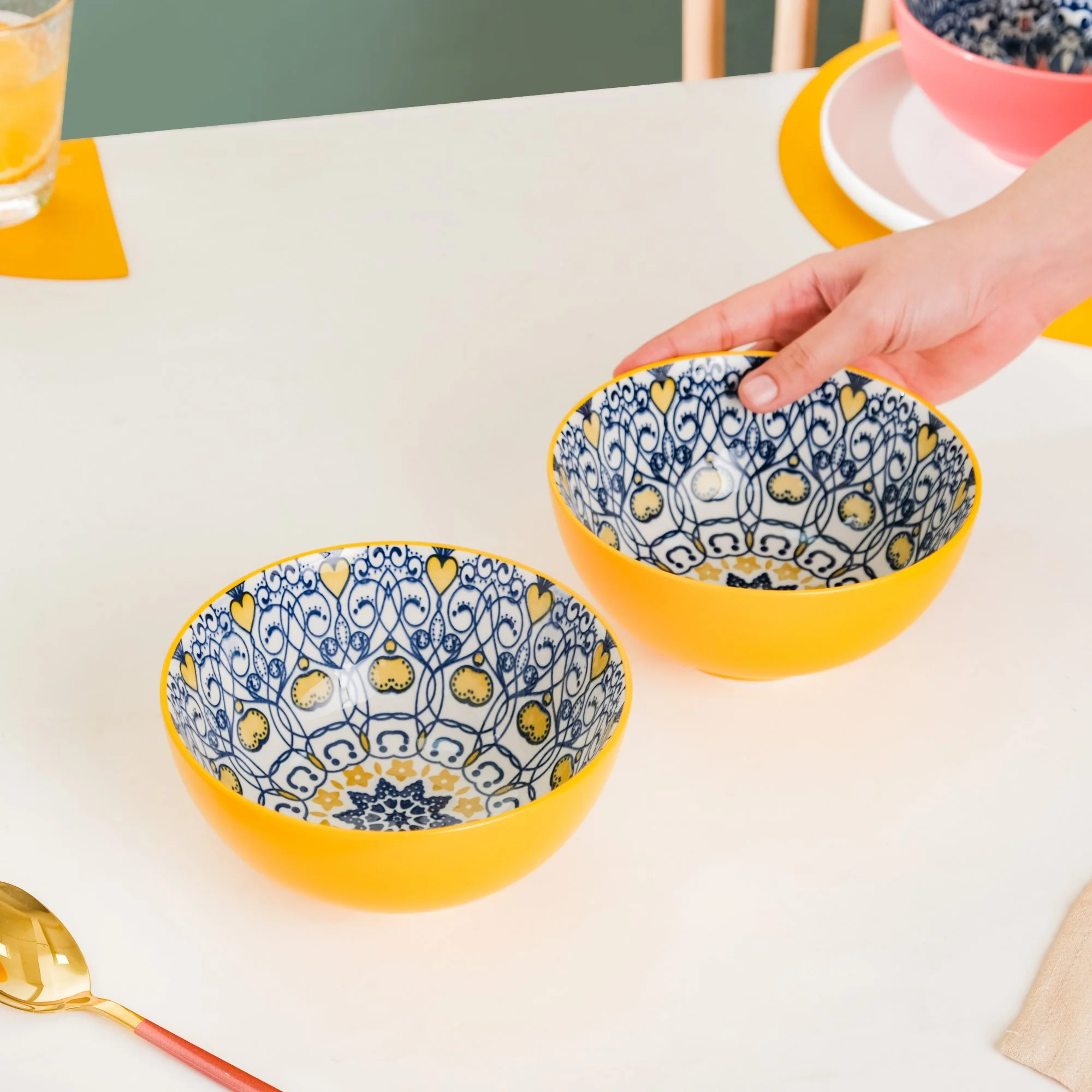 Mandala Ceramic Snack Bowl Yellow 400ml Set Of 2 - Image 4