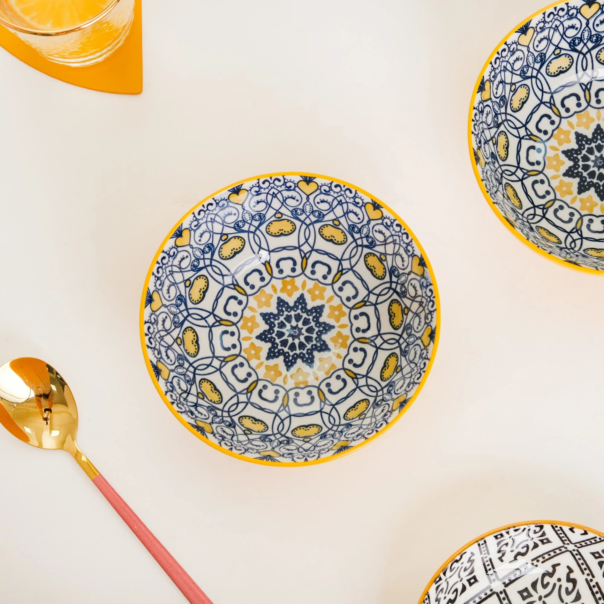 Mandala Ceramic Snack Bowl Yellow 400ml Set Of 2 - Image 5