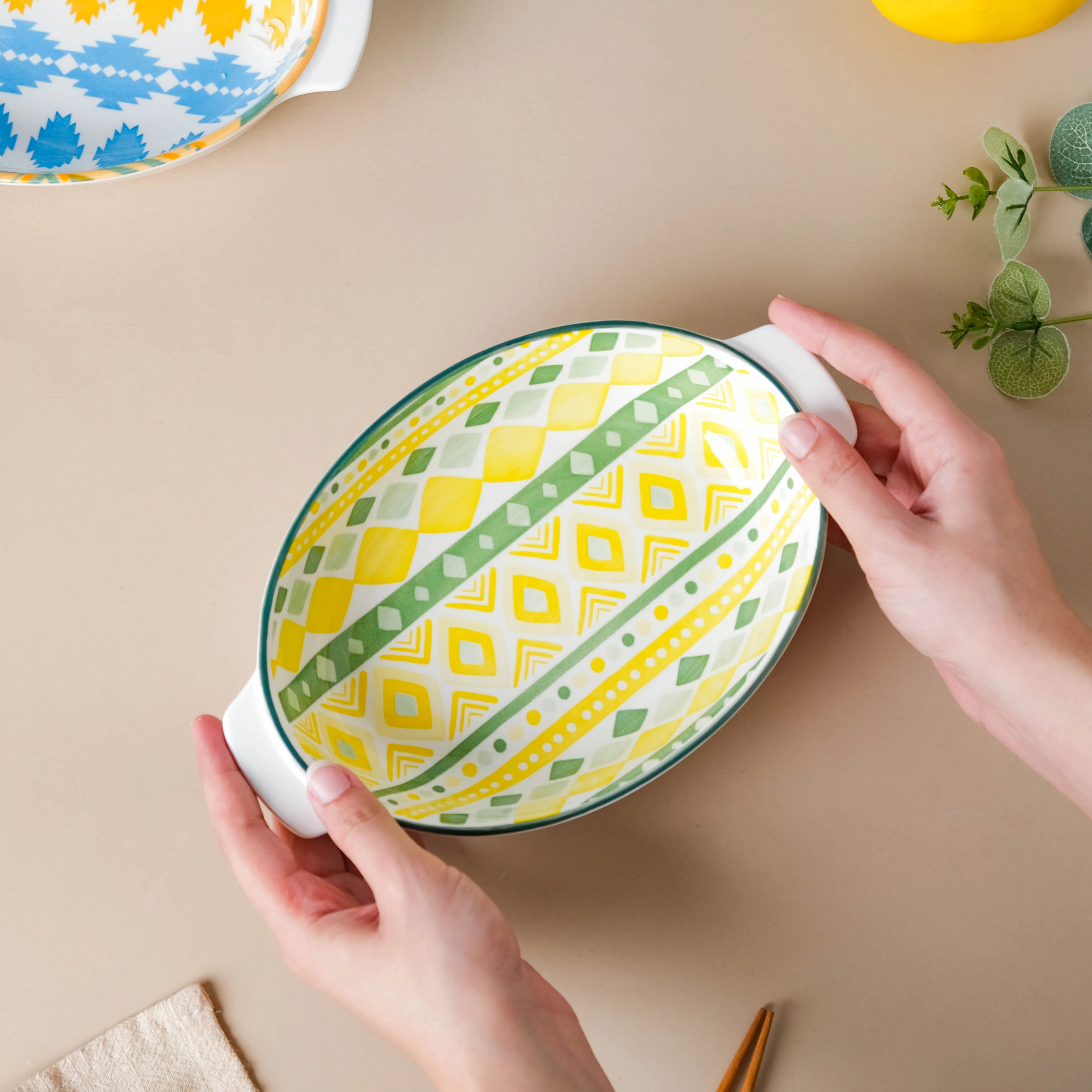Mandala Ceramic Baking Dish With Handle Yellow 9 Inch - Image 2