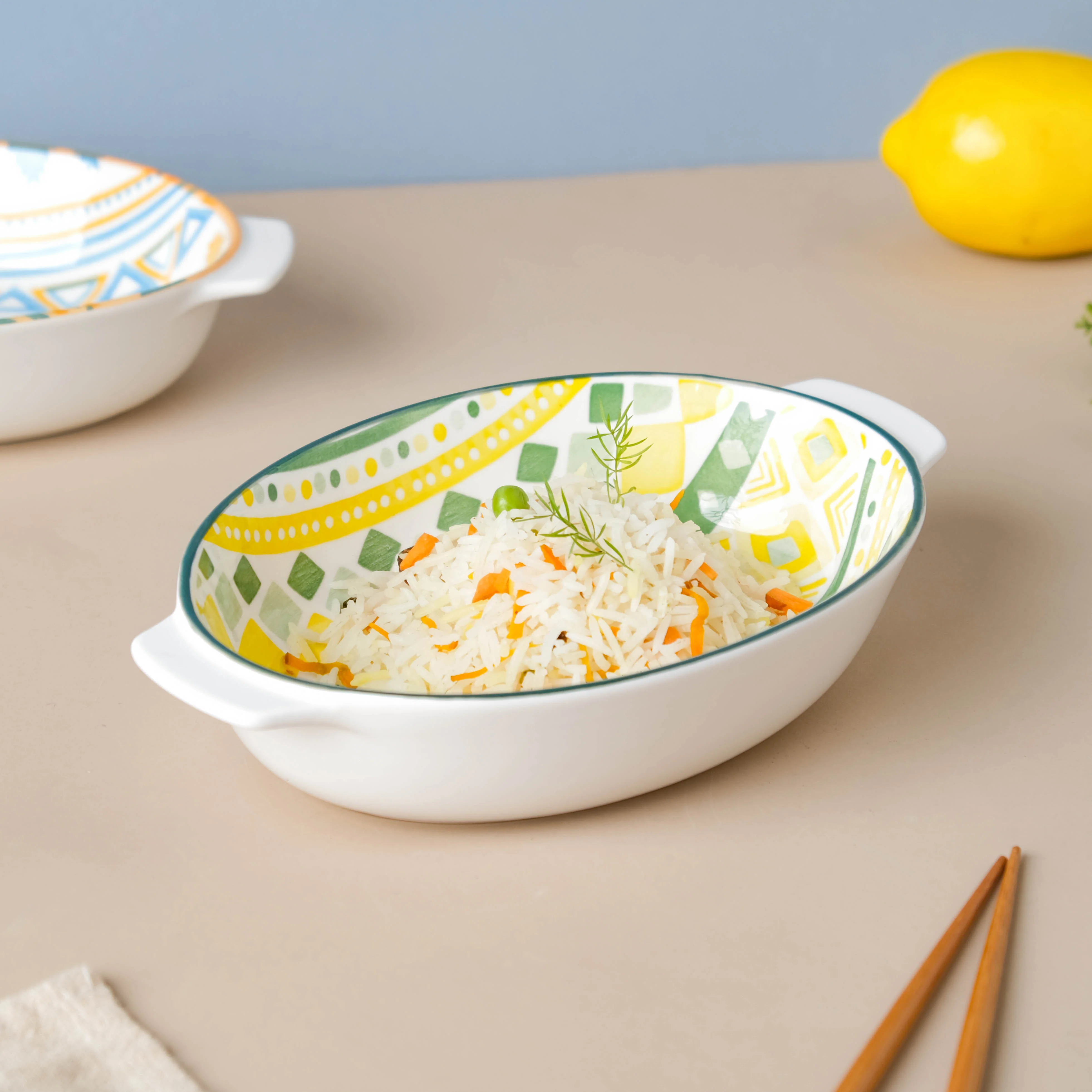 Mandala Ceramic Baking Dish With Handle Yellow 9 Inch - Image 4