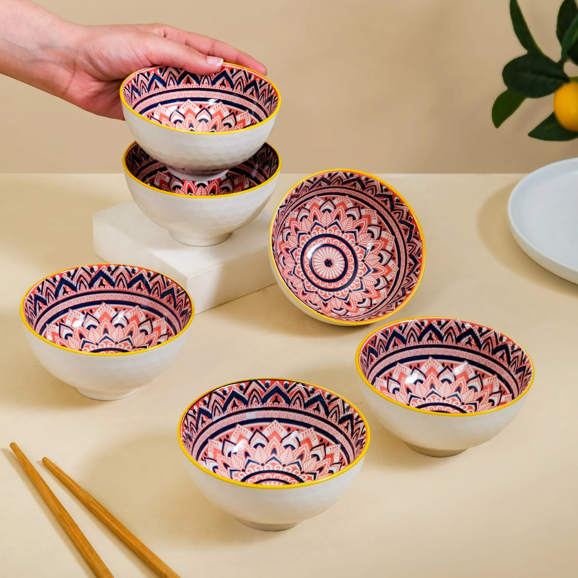 Mandala Floral Ceramic Bowl And Chopstick Multicolour Set Of 6 - Image 2