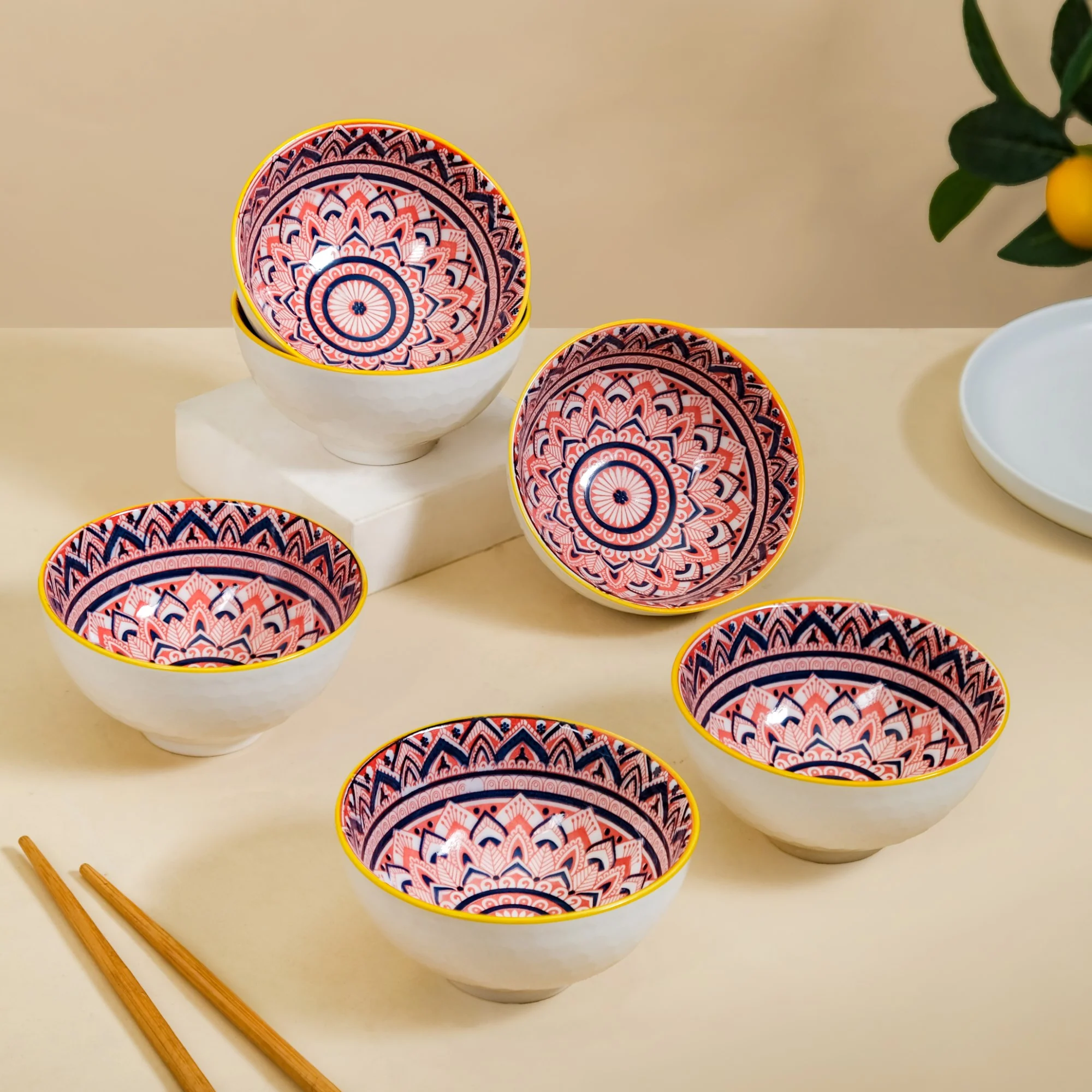 Mandala Floral Ceramic Bowl And Chopstick Multicolour Set Of 6 - Image 3