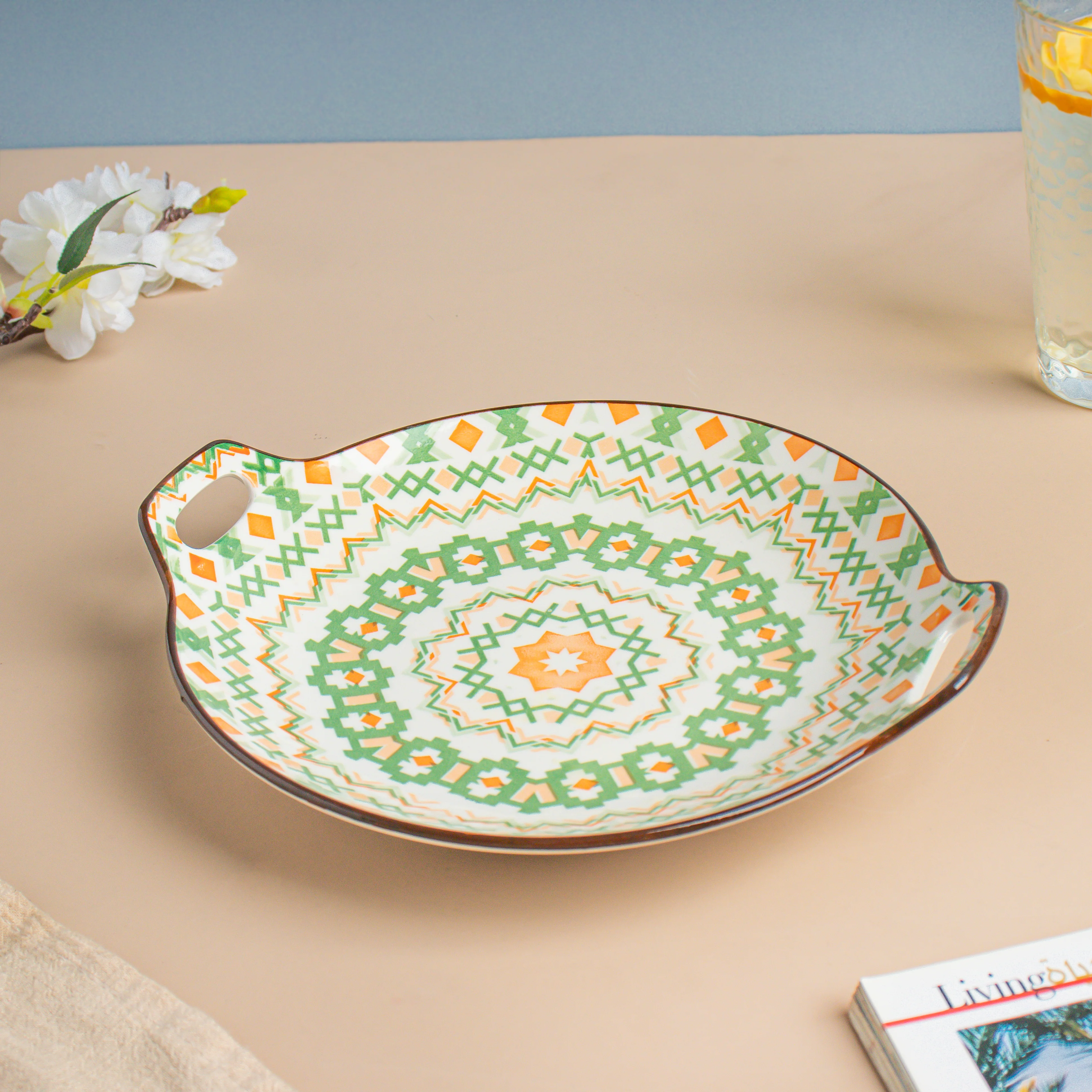 Mandala Round Ceramic Platter With Handle Green