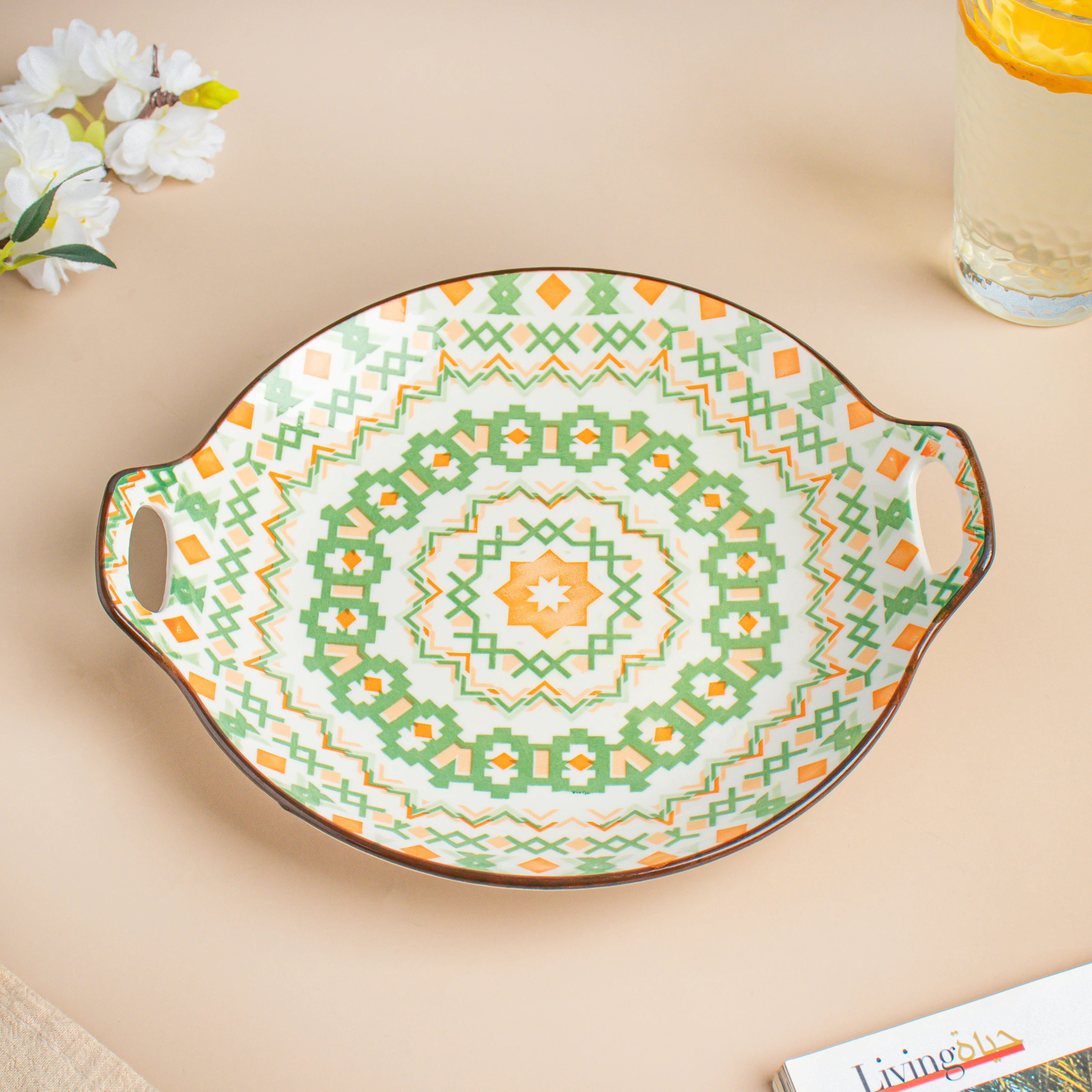 Mandala Round Ceramic Platter With Handle Green - Image 3