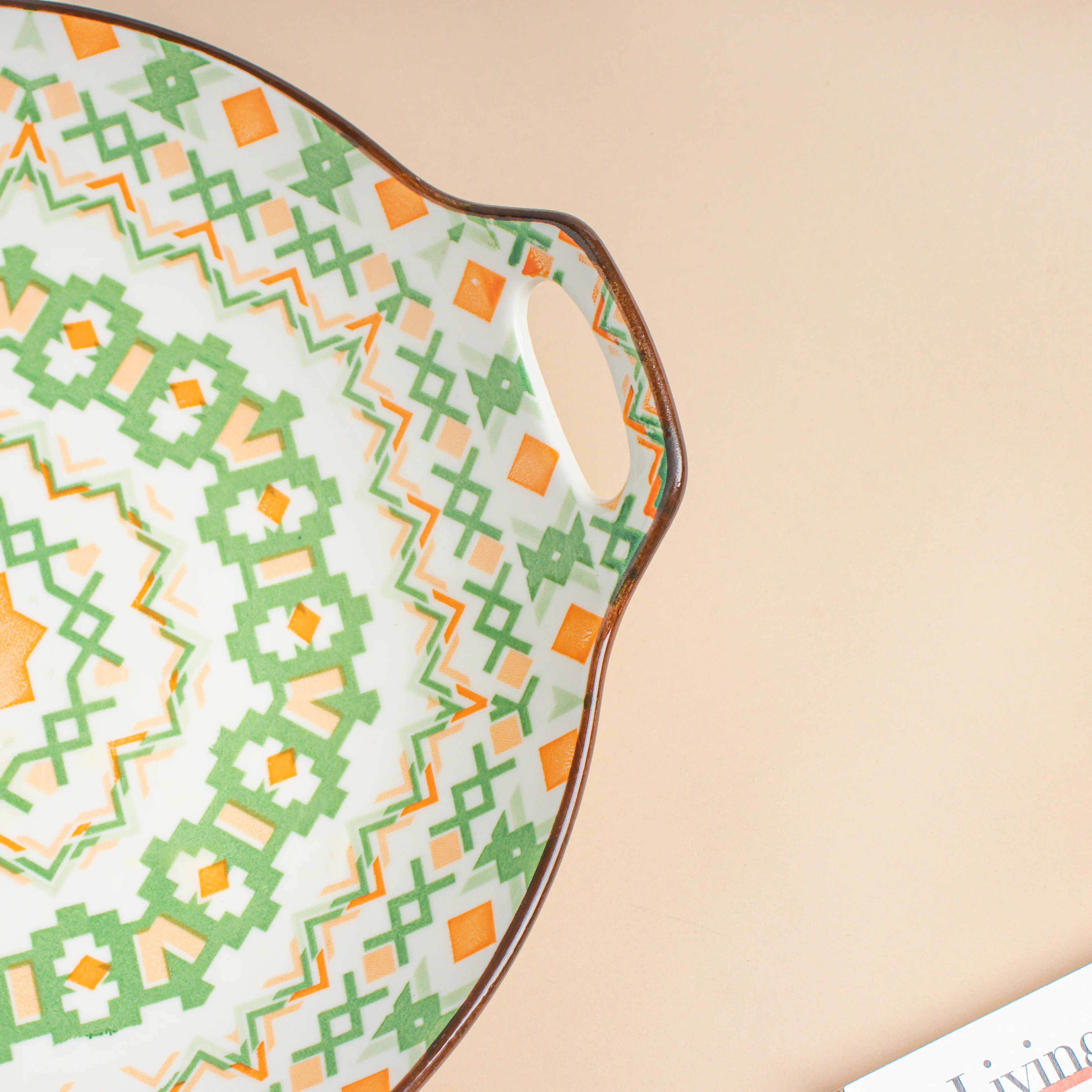 Mandala Round Ceramic Platter With Handle Green - Image 4