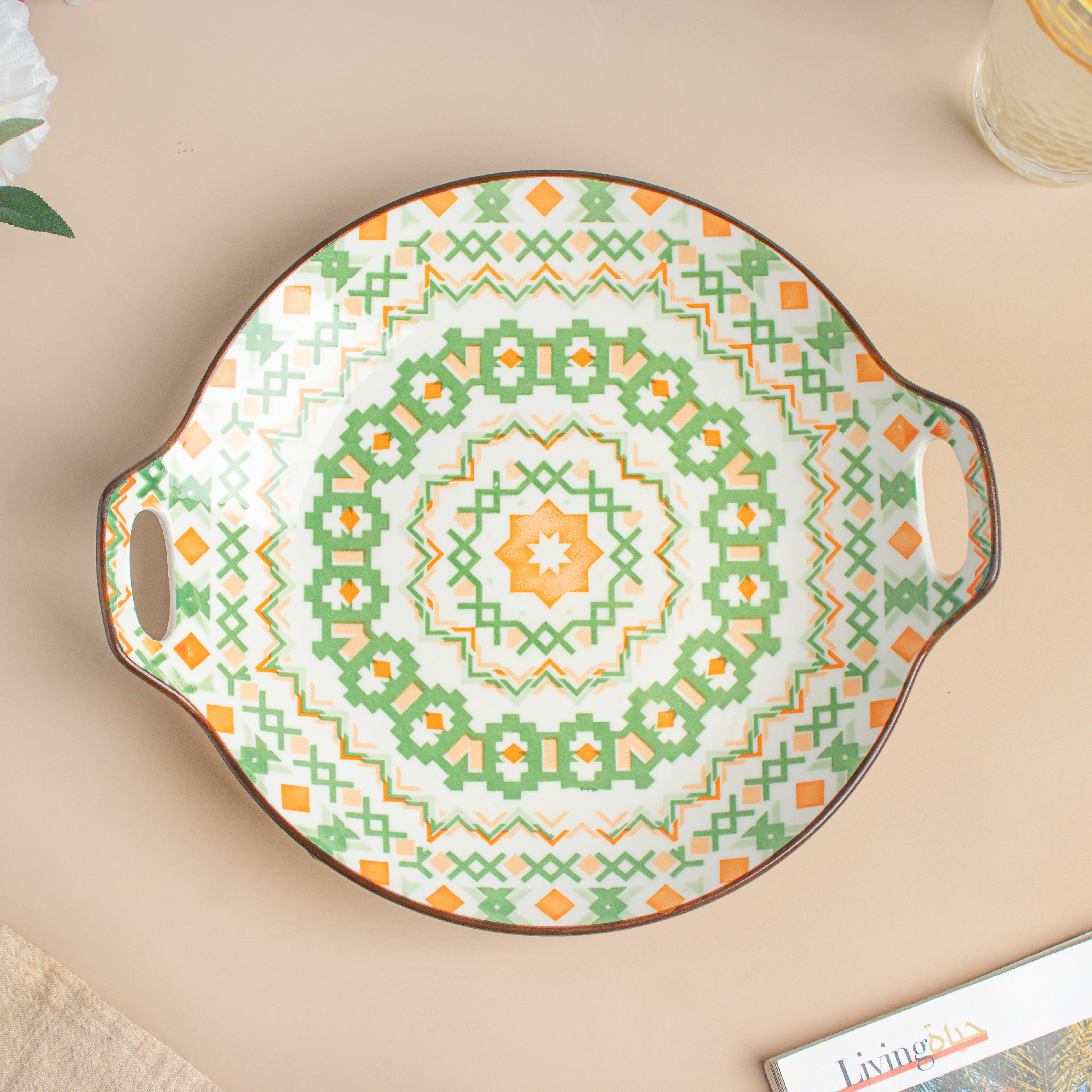 Mandala Round Ceramic Platter With Handle Green - Image 5