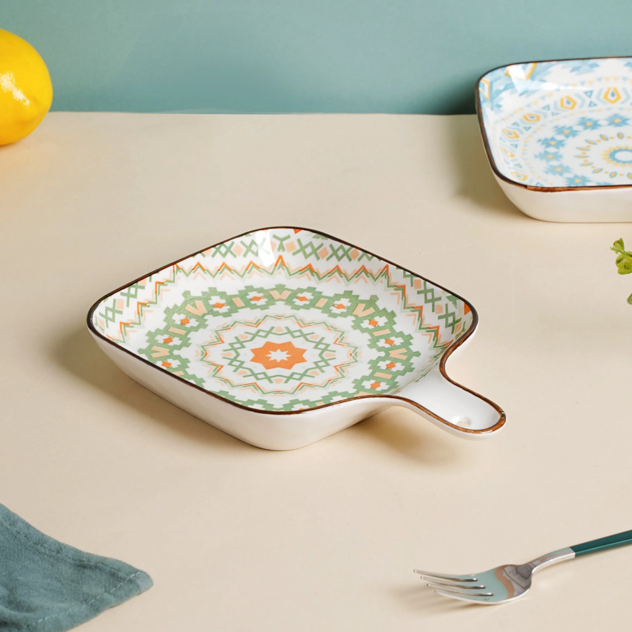 Mandala Green Criss-Cross Square Platter With Handle - Image 2