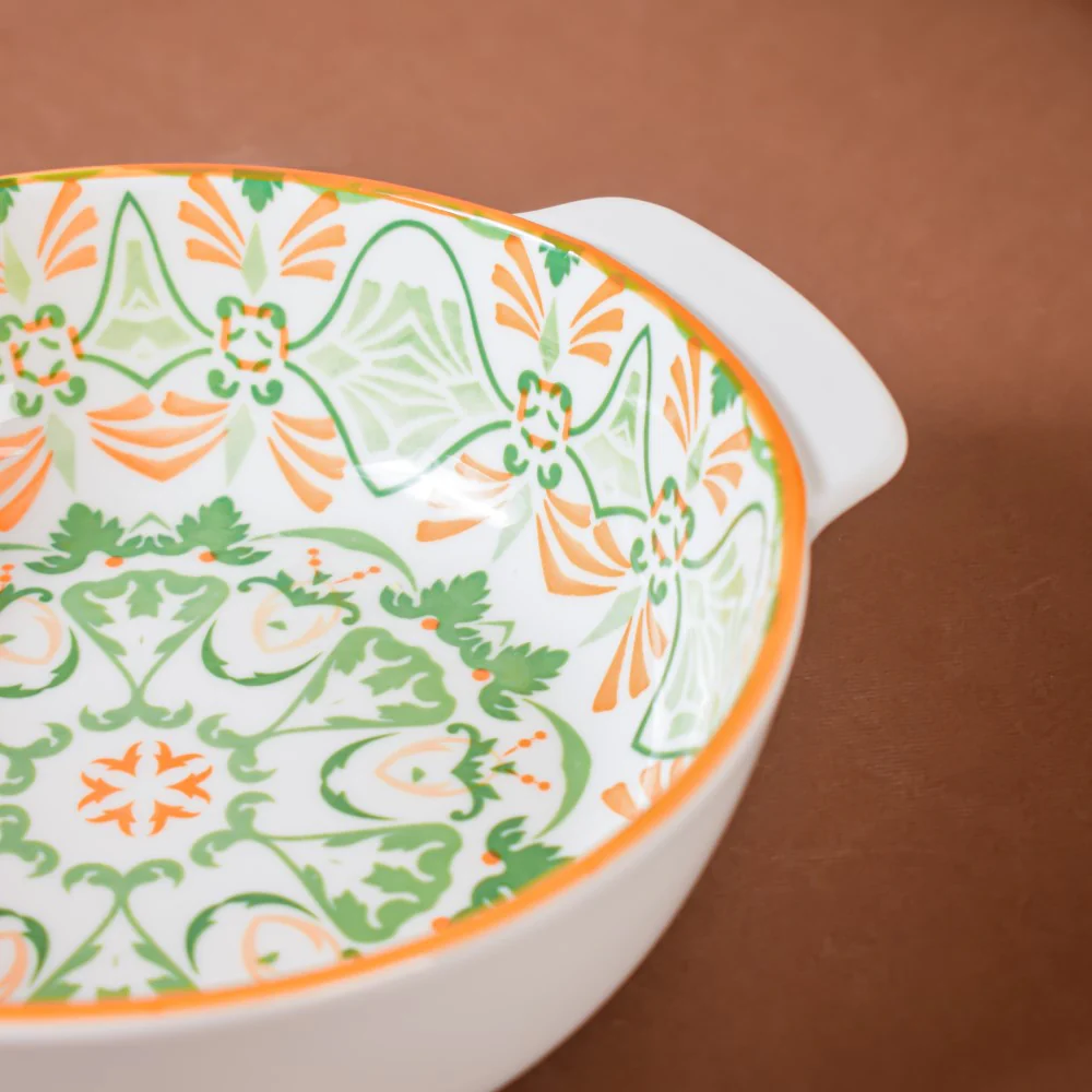 Mandala Green Floral Ceramic Baking Bowl With Handle 9 inch - Image 6