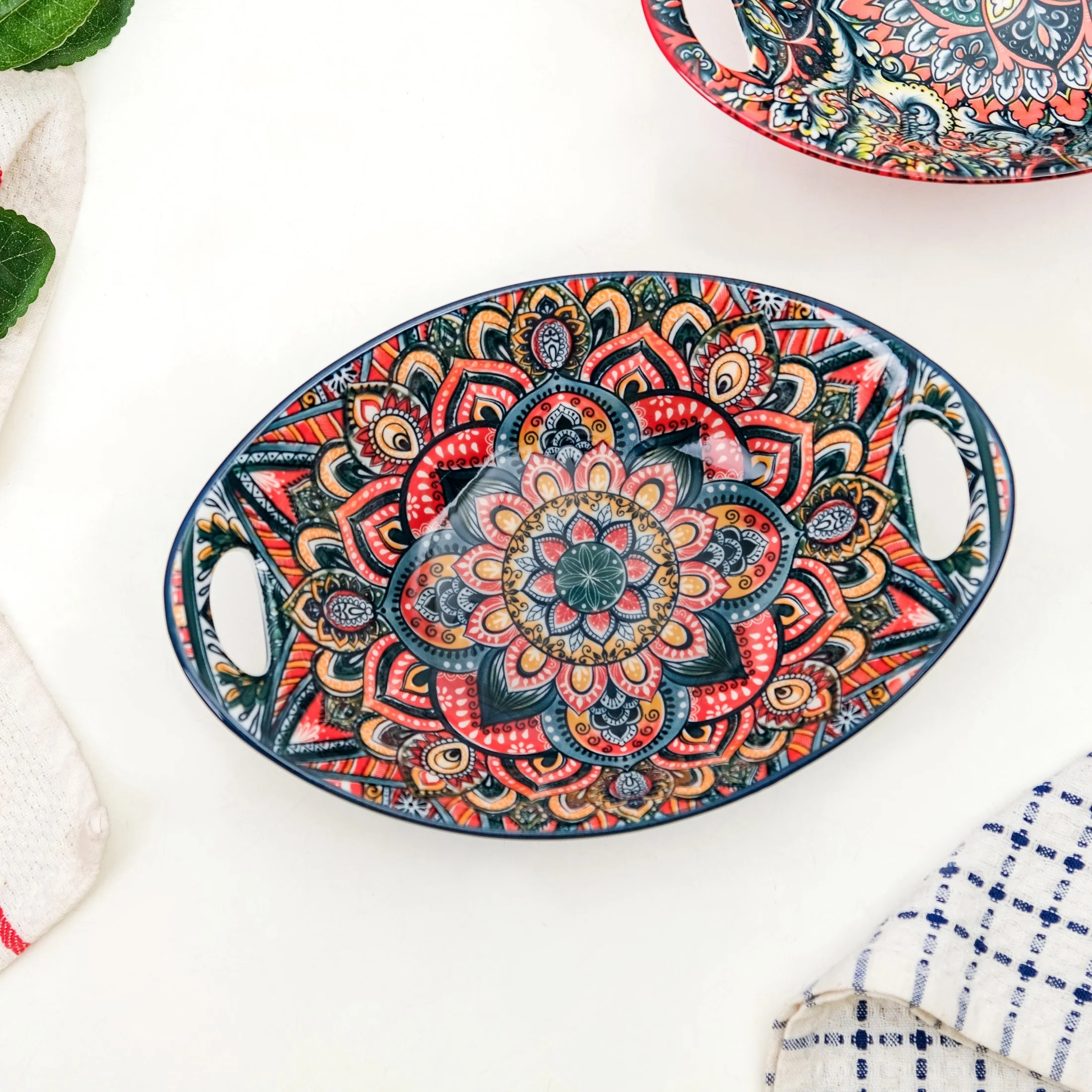 Mandala Melange Ceramic Long Dish With Handles Blue 400ml - Image 2