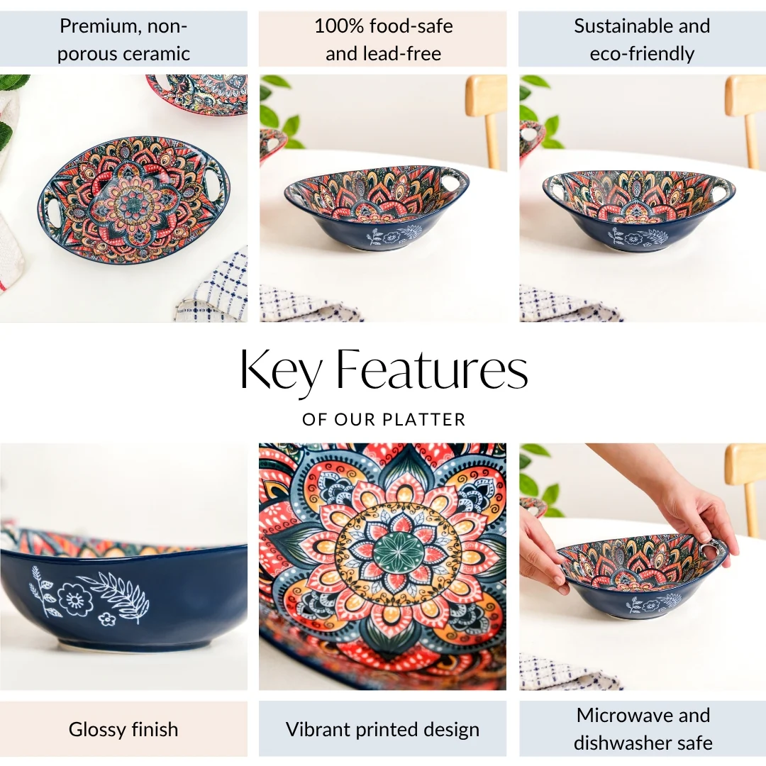 Mandala Melange Ceramic Long Dish With Handles Blue 400ml - Image 5