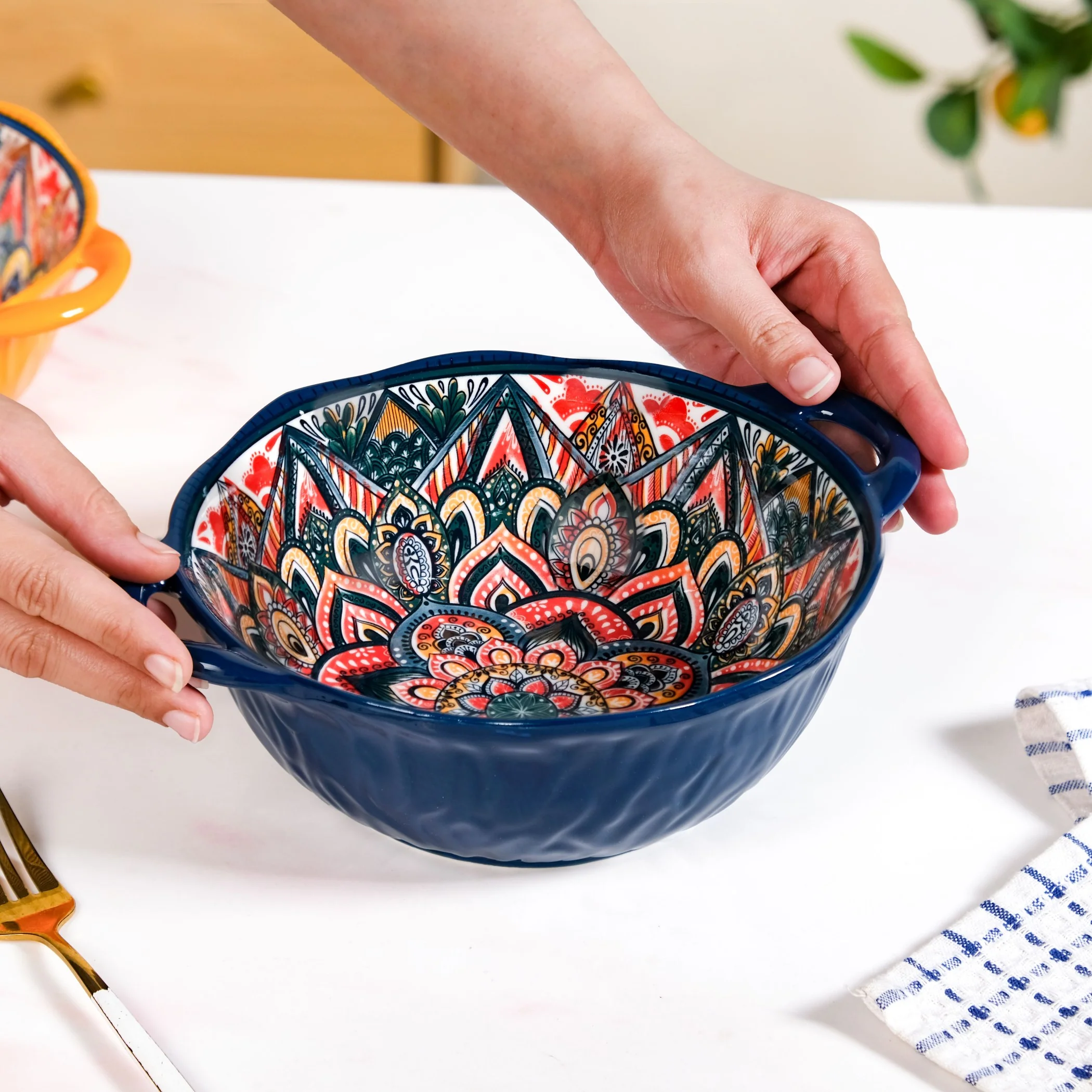 Mandala Melange Ceramic Serving Bowl Blue 1500ml - Image 3