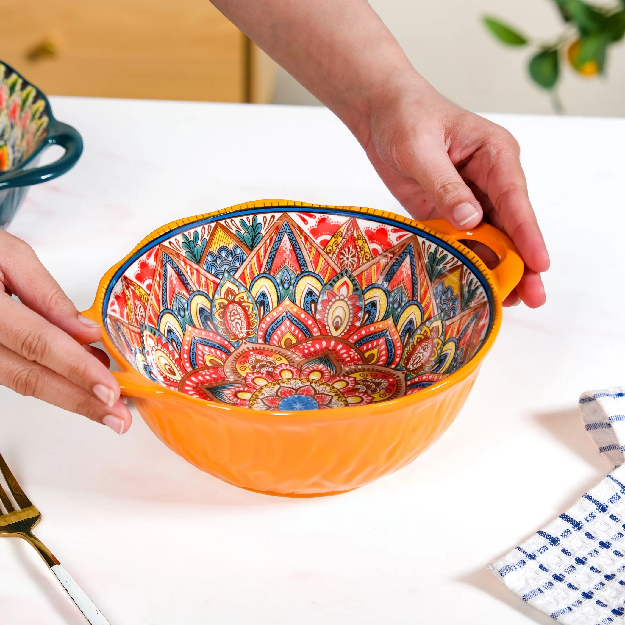 Mandala Melange Ceramic Serving Bowl Orange 1500ml - Image 3