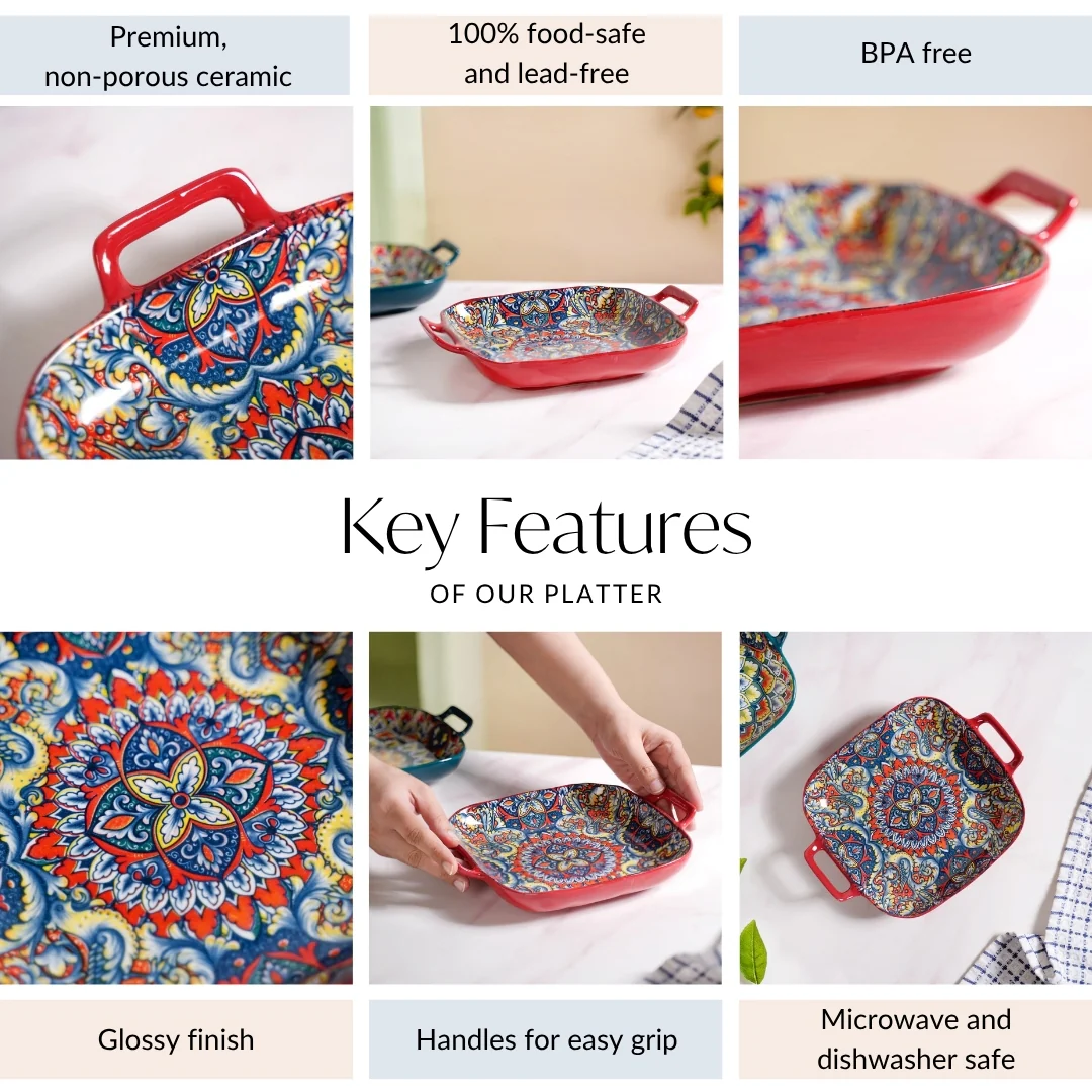 Mandala Melange Serving Platter With Handle Red - Image 4