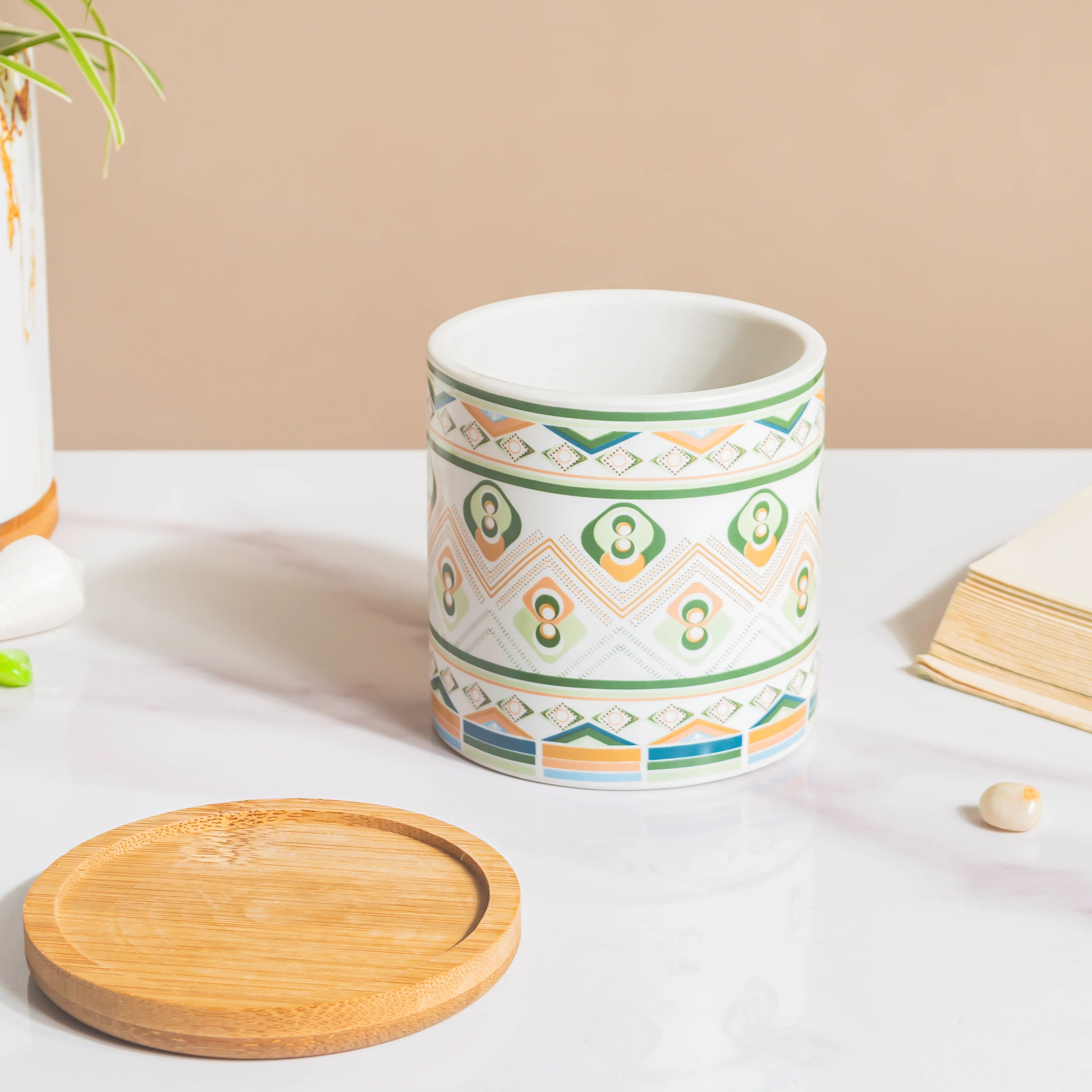 Mandala Print Ceramic Planter Green With Wooden Coaster - Image 5