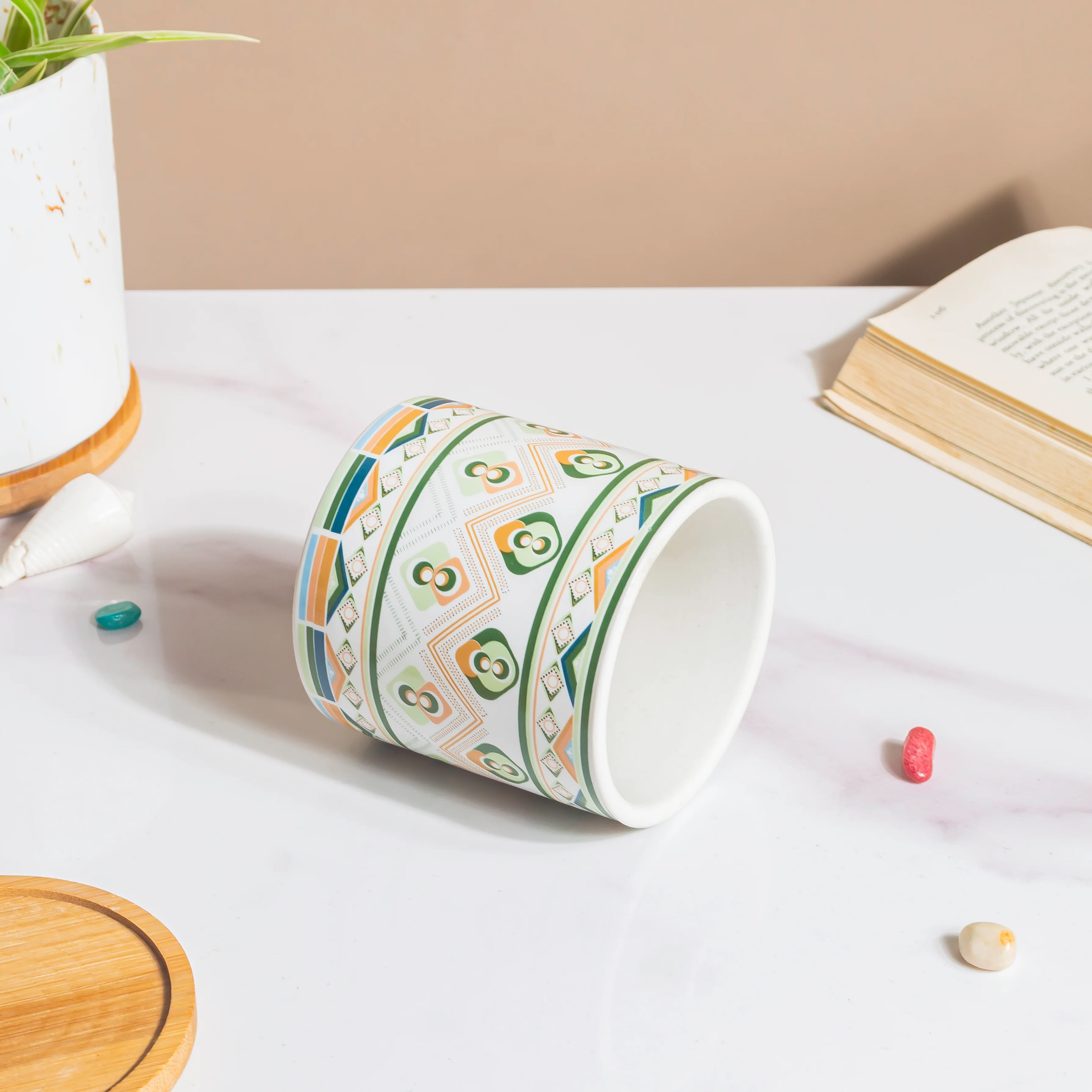 Mandala Print Ceramic Planter Green With Wooden Coaster - Image 7