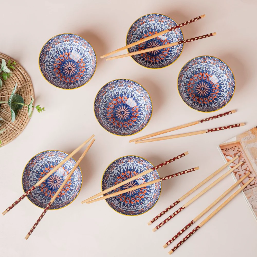 Mandala Snacking Bowl And Chopstick Oceanic Blue Set Of 6 - Image 2