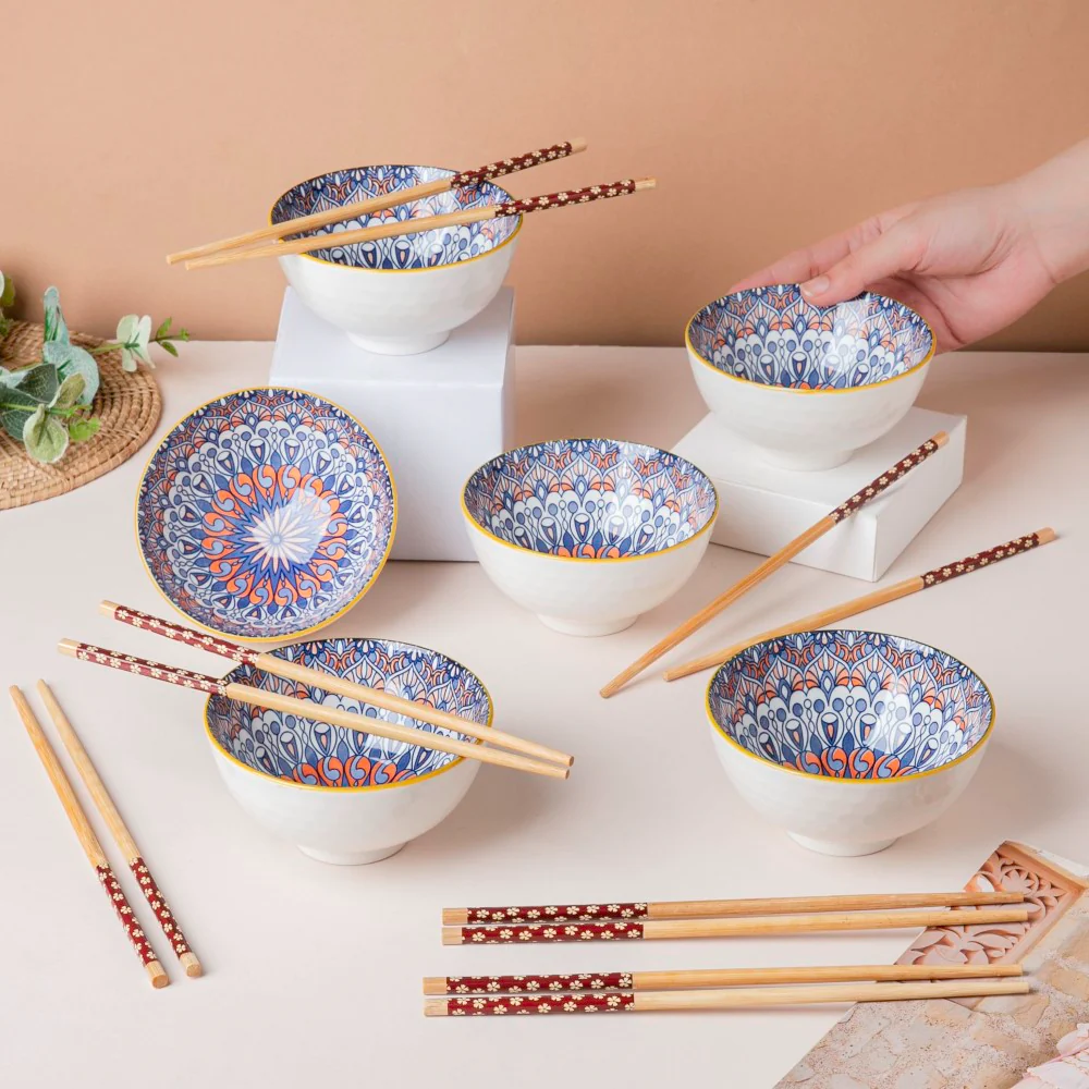 Mandala Snacking Bowl And Chopstick Oceanic Blue Set Of 6 - Image 4