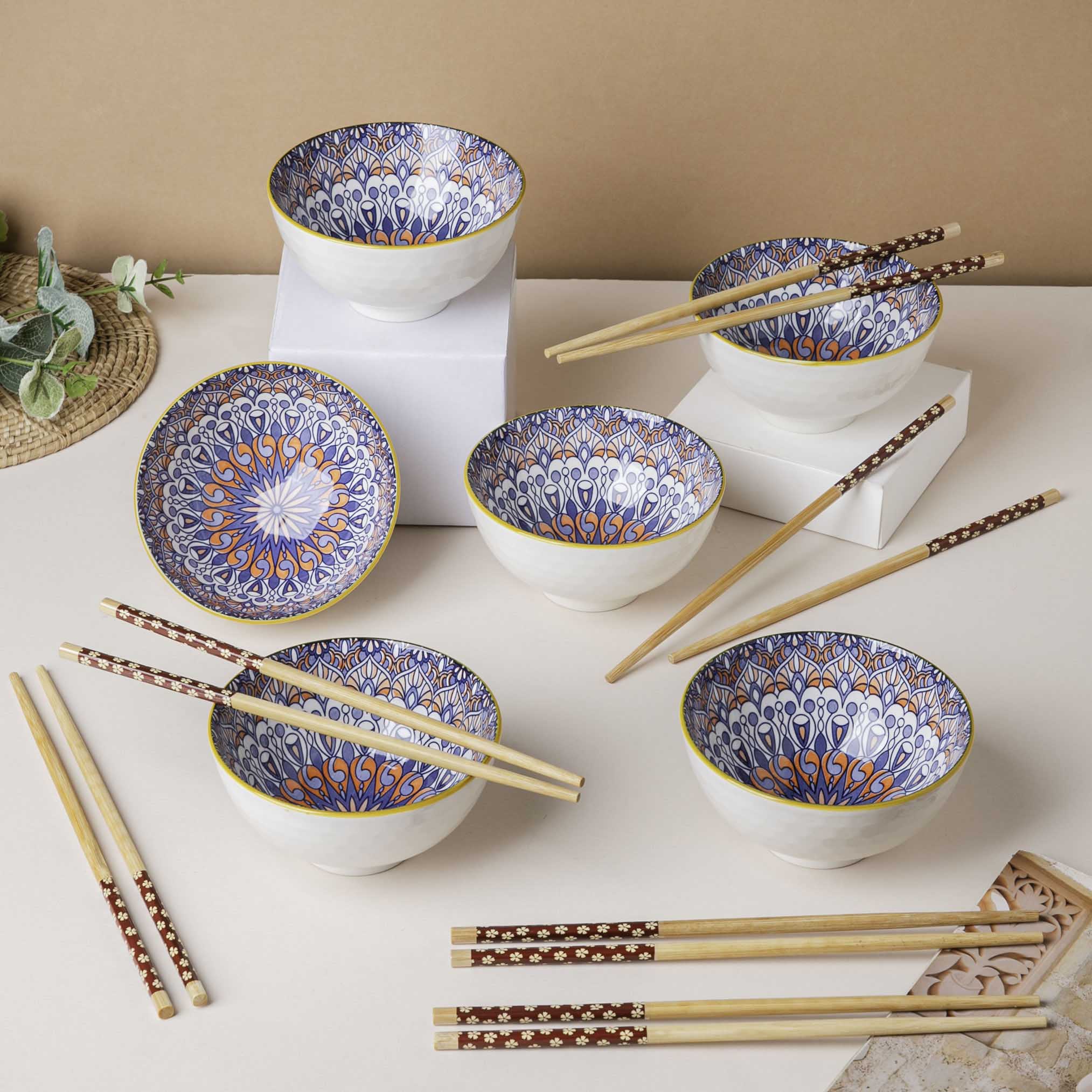 Mandala Snacking Bowl And Chopstick Oceanic Blue Set Of 6 - Image 6
