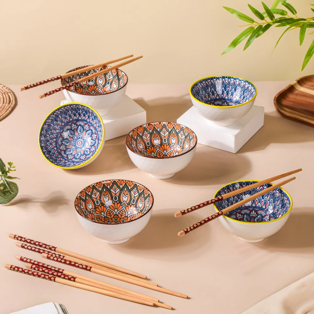 Mandala Snack Bowl & Chopstick Multicolour Set Of 6