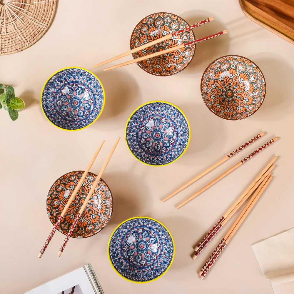 Mandala Snack Bowl & Chopstick Multicolour Set Of 6 - Image 2