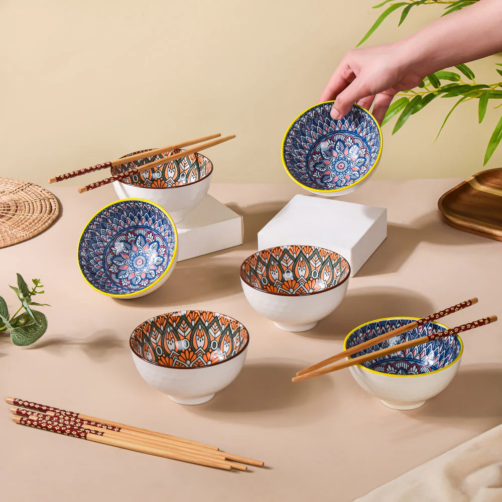 Mandala Snack Bowl & Chopstick Multicolour Set Of 6 - Image 3