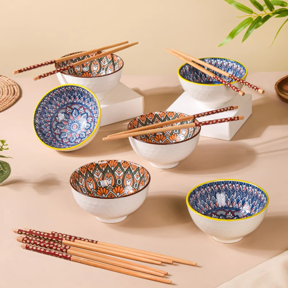 Mandala Snack Bowl & Chopstick Multicolour Set Of 6 - Image 5