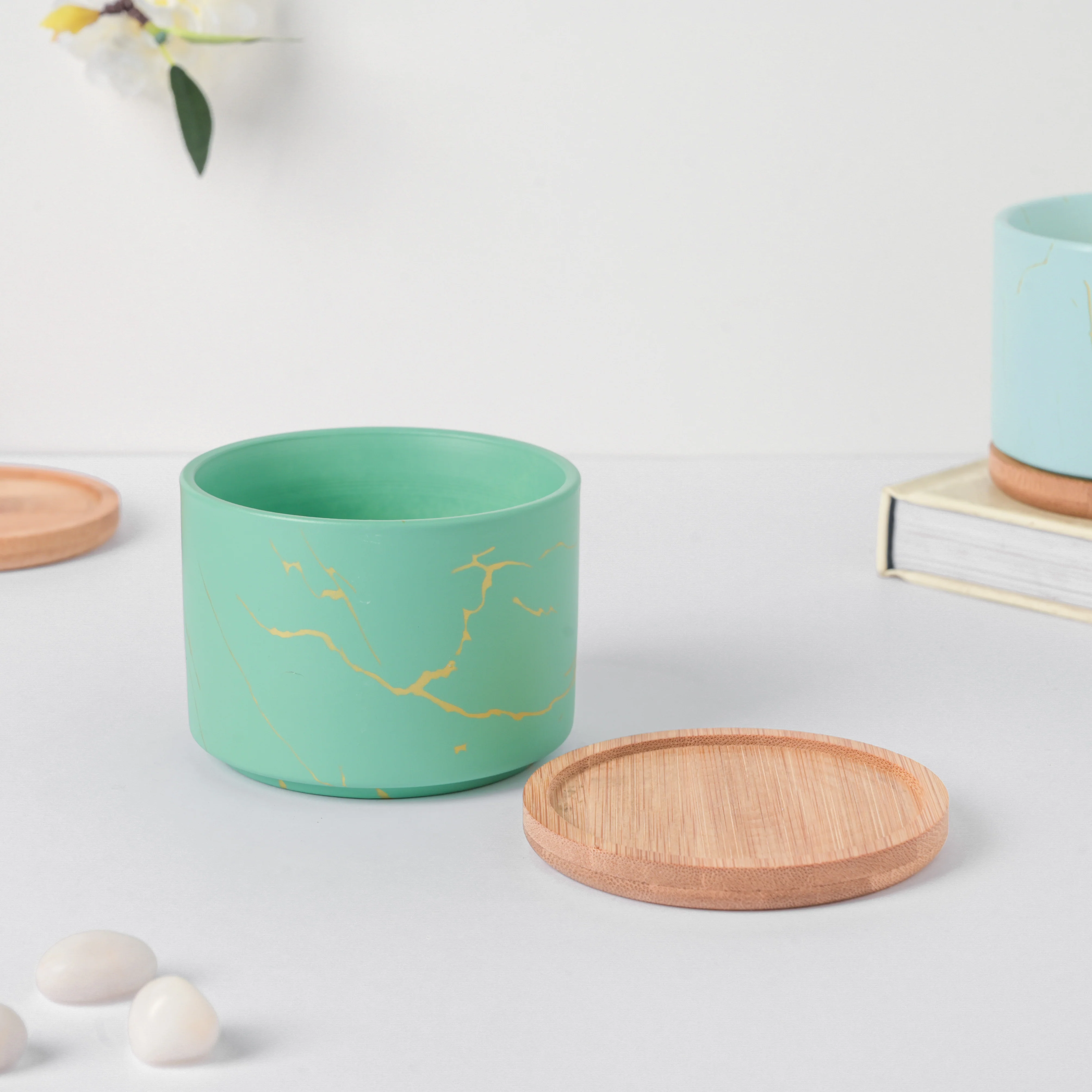 Maple Green Ceramic Planter With Coaster - Image 5