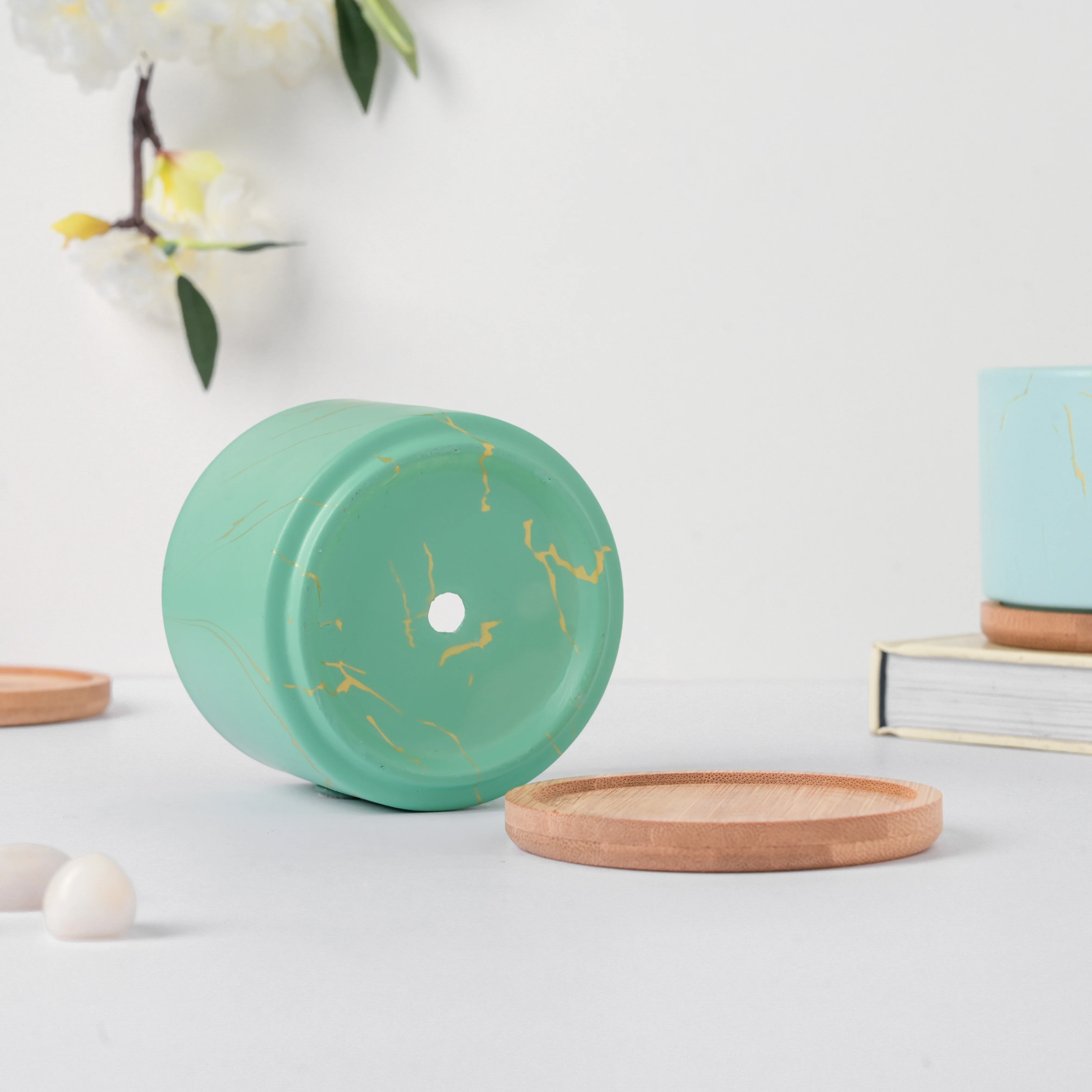 Maple Green Ceramic Planter With Coaster - Image 6
