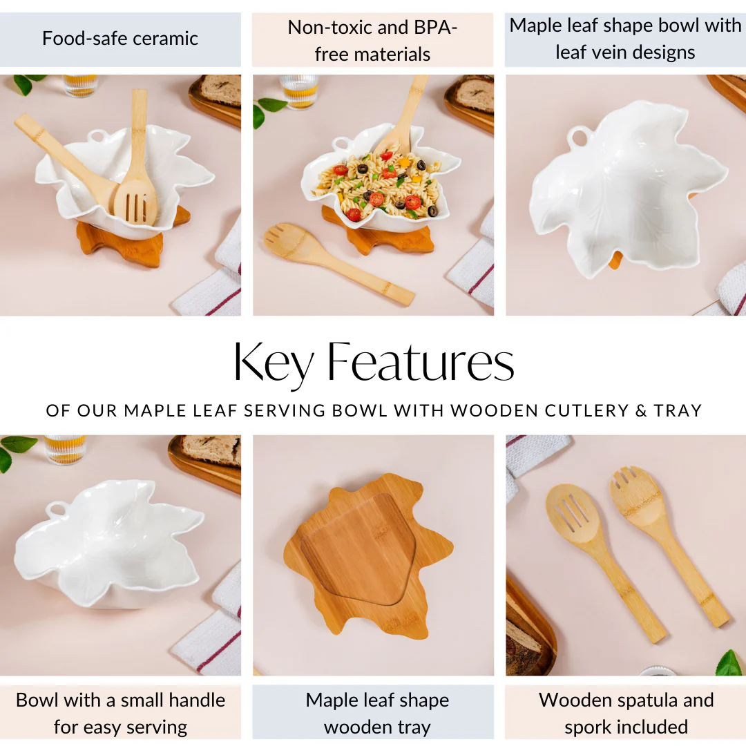 Maple Leaf Serving Bowl With Wooden Cutlery And Tray 1300ml - Image 6