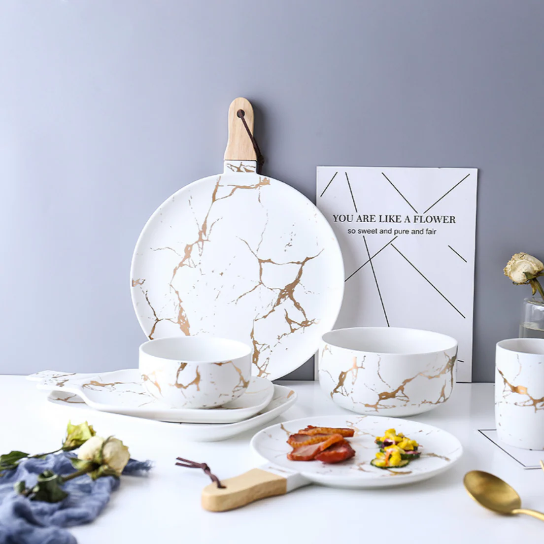 White Marble Gold Detailed Platter With Handle - Image 6