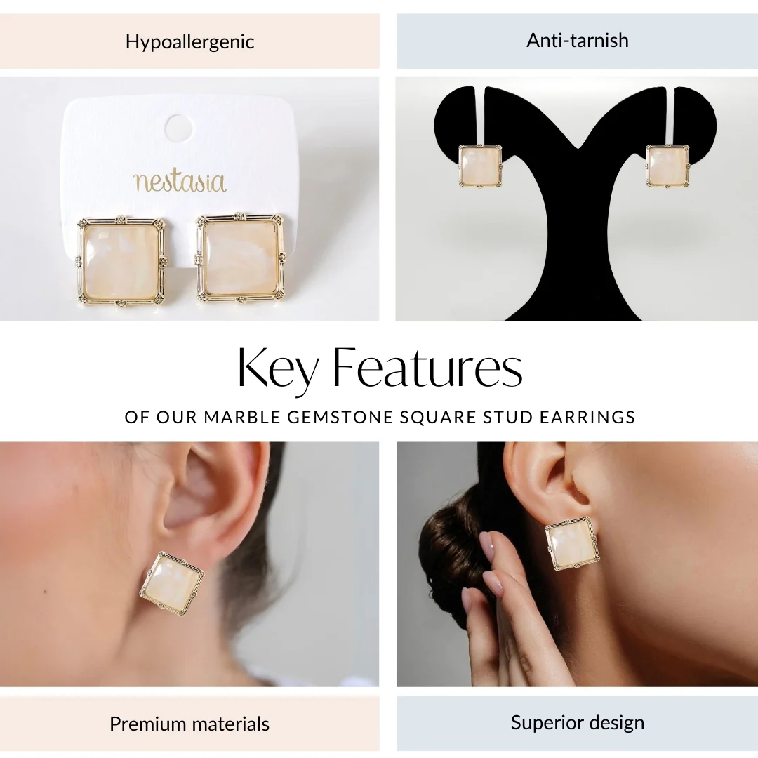 Marble Gemstone Square Stud Earrings - Image 4