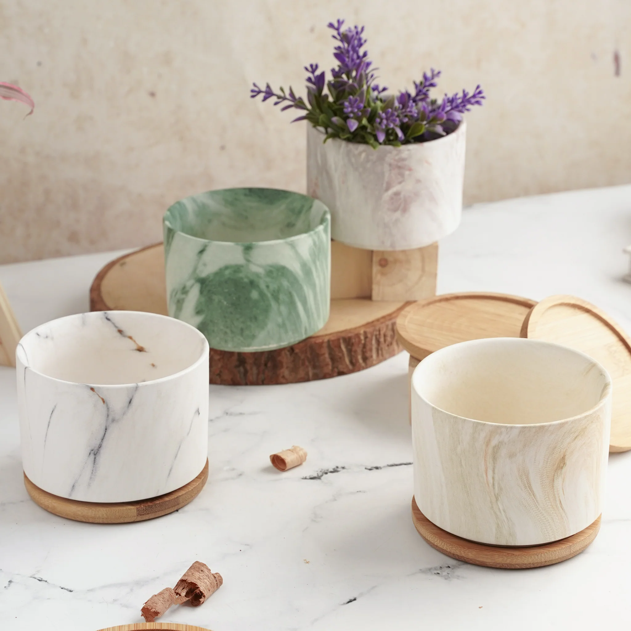 Marbleous Ceramic Flower Planter With Coaster Set Of 4 - Image 11
