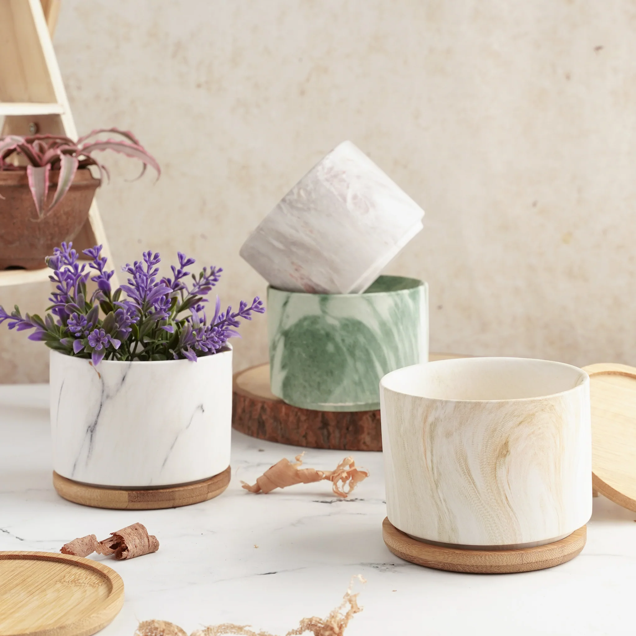 Marbleous Ceramic Flower Planter With Coaster Set Of 4 - Image 16