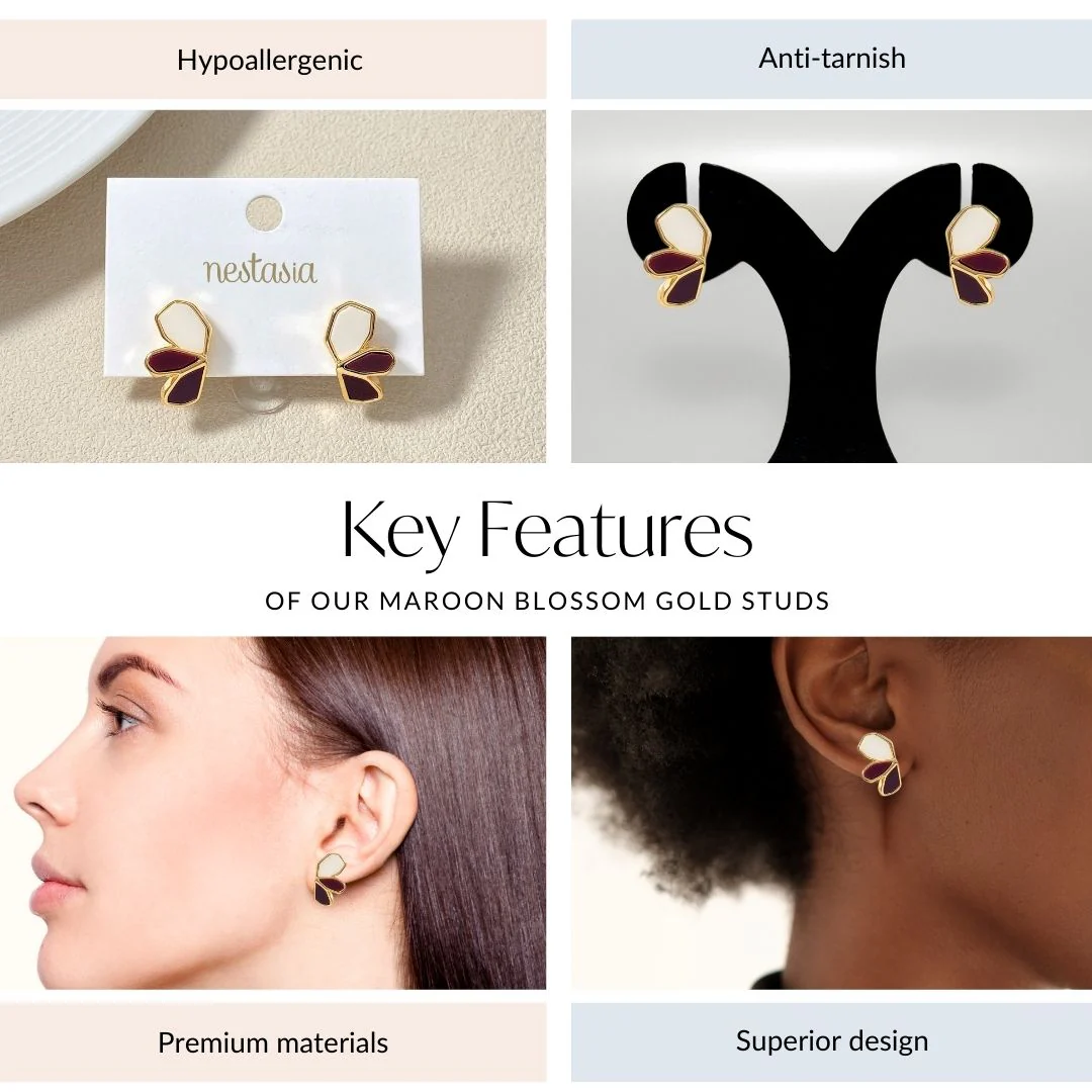 Maroon Blossom Gold Studs - Image 4