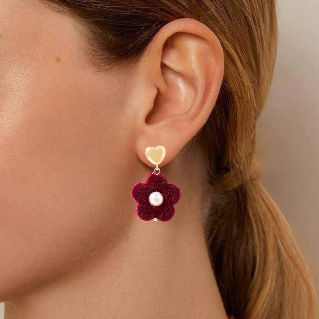 Maroon Flower Pearl Danglers - Image 2