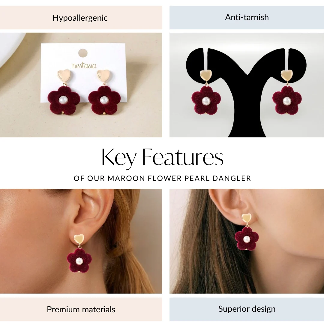 Maroon Flower Pearl Danglers - Image 4