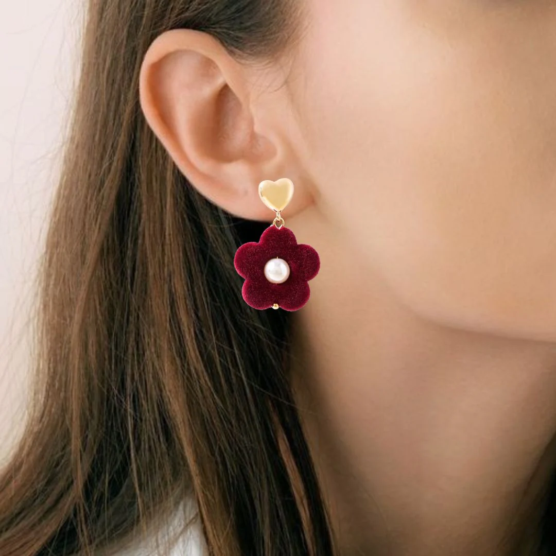 Maroon Flower Pearl Danglers - Image 5
