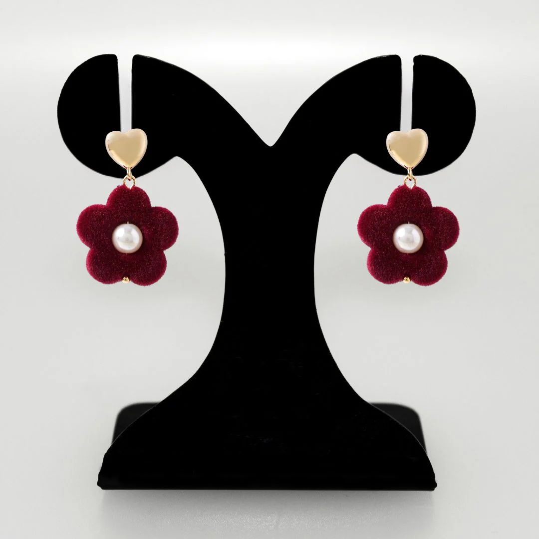 Maroon Flower Pearl Danglers - Image 6
