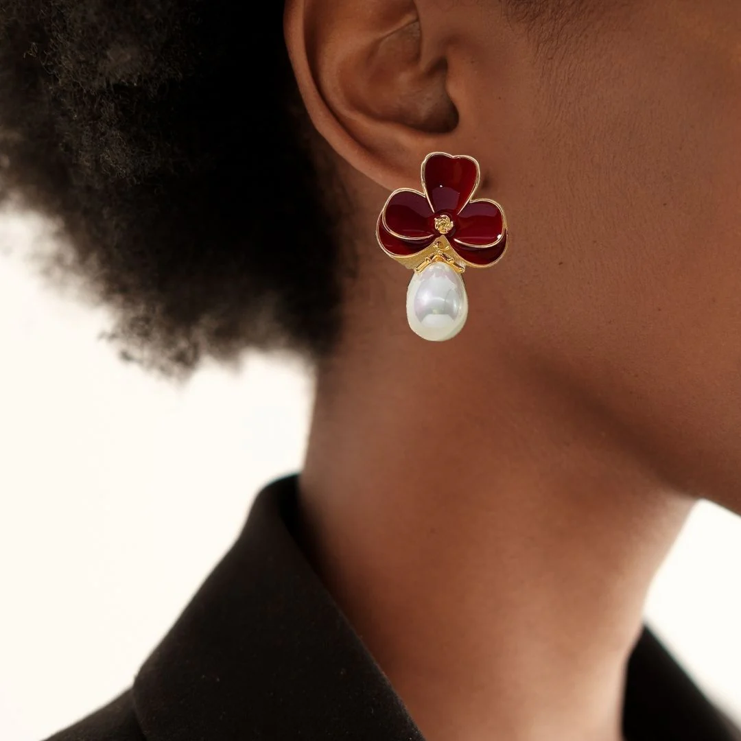 Maroon Pearl Drop Earrings - Image 2