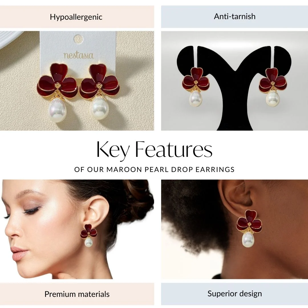 Maroon Pearl Drop Earrings - Image 4