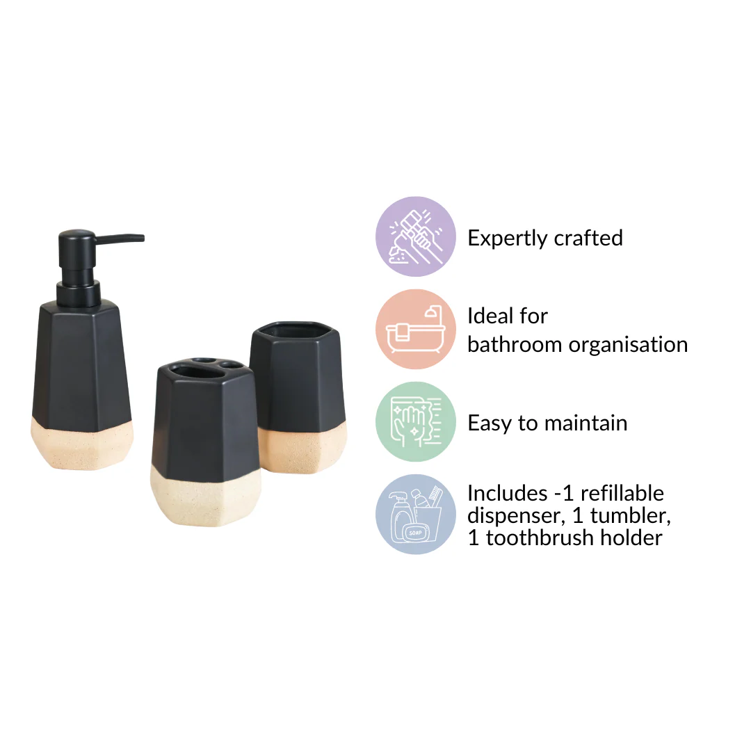 Matte Black Ceramic Bathroom Set Of 3 Dip Glazed - Image 4