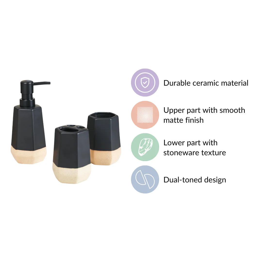Matte Black Ceramic Bathroom Set Of 3 Dip Glazed - Image 5