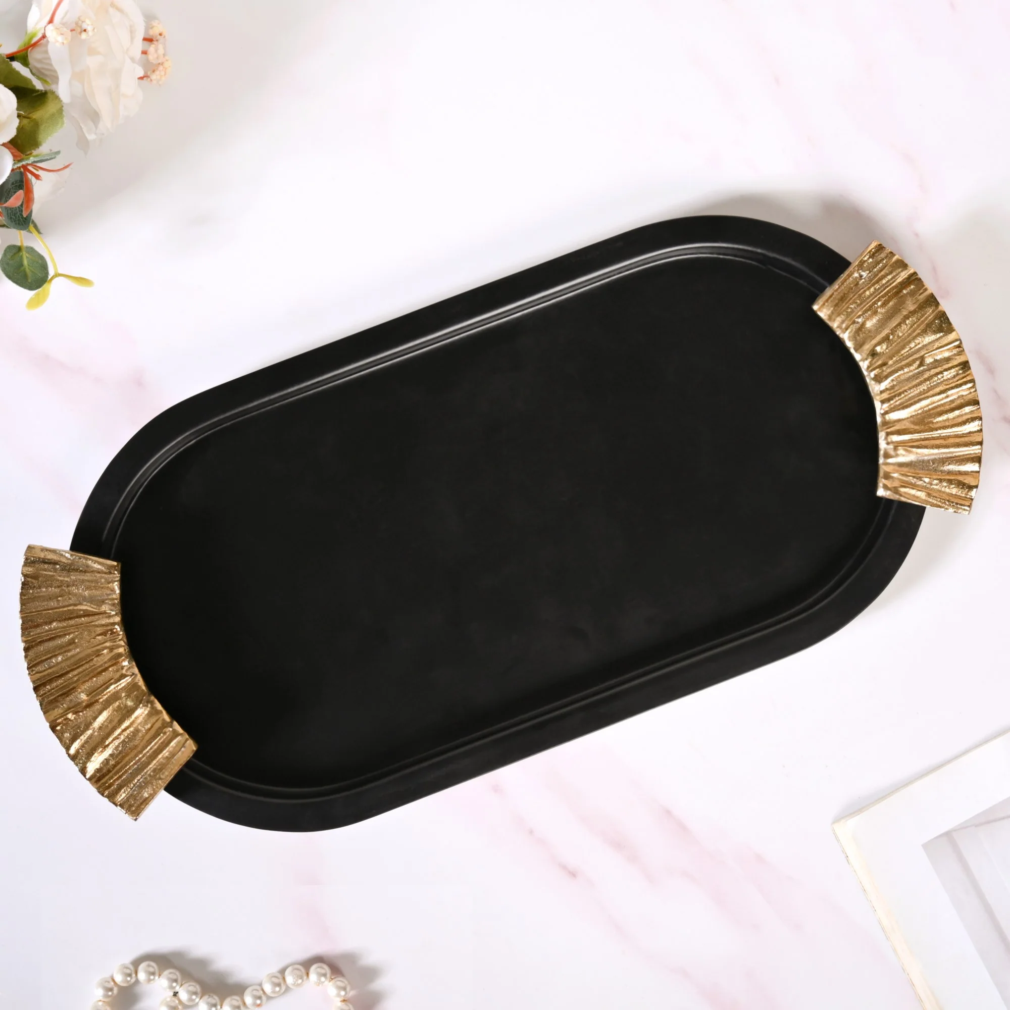 Matte Black Oval Metal Tray With Handles - Image 3
