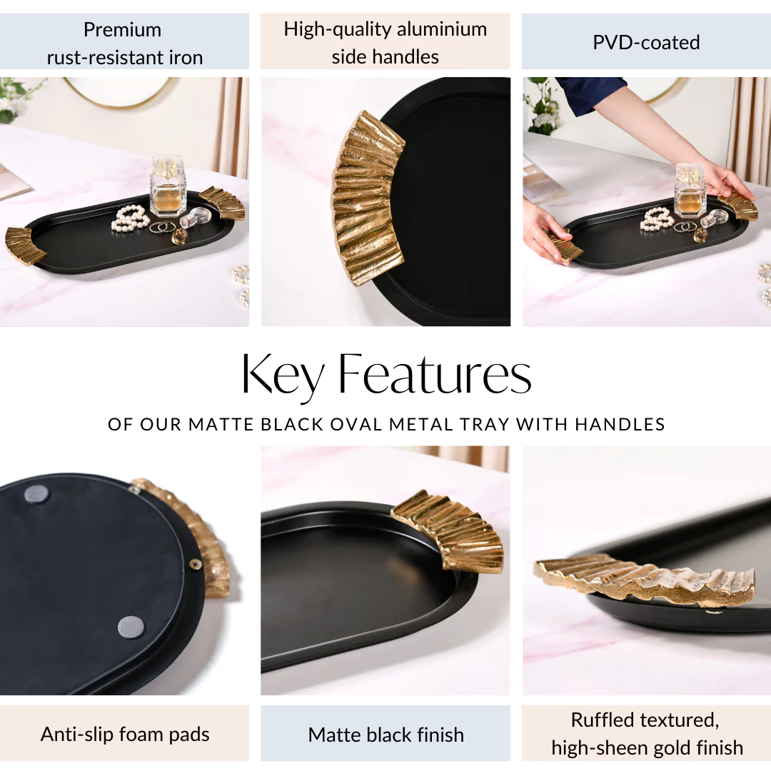 Matte Black Oval Metal Tray With Handles - Image 5