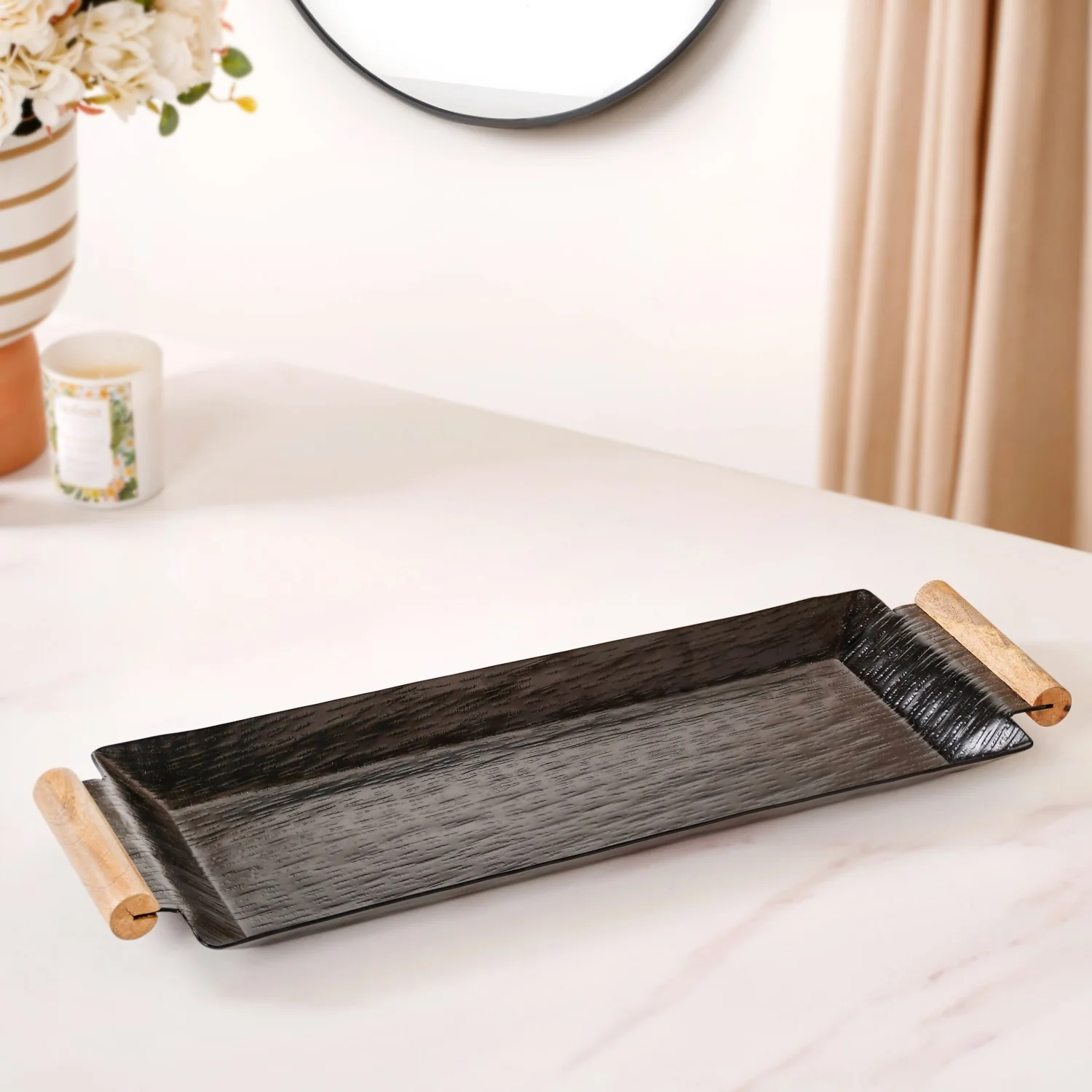 Matte Black Rectangle Metal Tray With Wooden Handle 19x6 Inch - Image 2